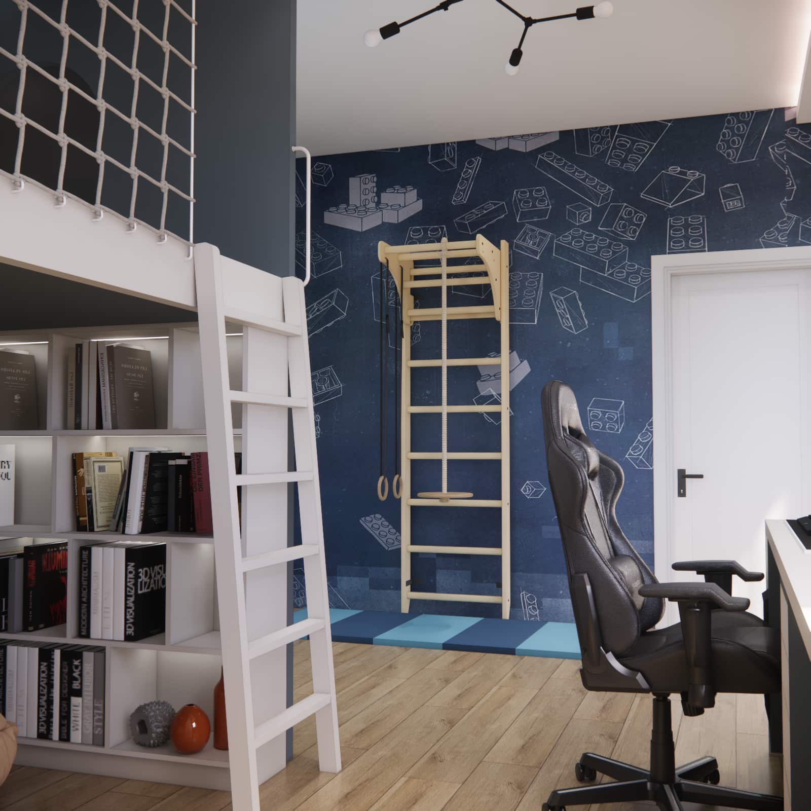 Sports wall with ladder, gymnastic rings, and training mat against a navy wallpaper with a block pattern.