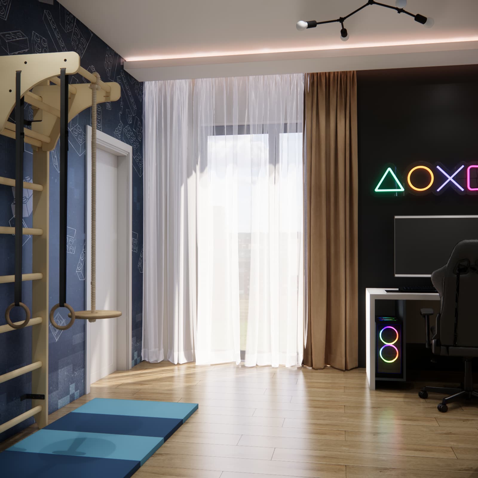 Sports zone in a boy’s room with a gym ladder, rings, and a training mat against navy block-pattern wallpaper.