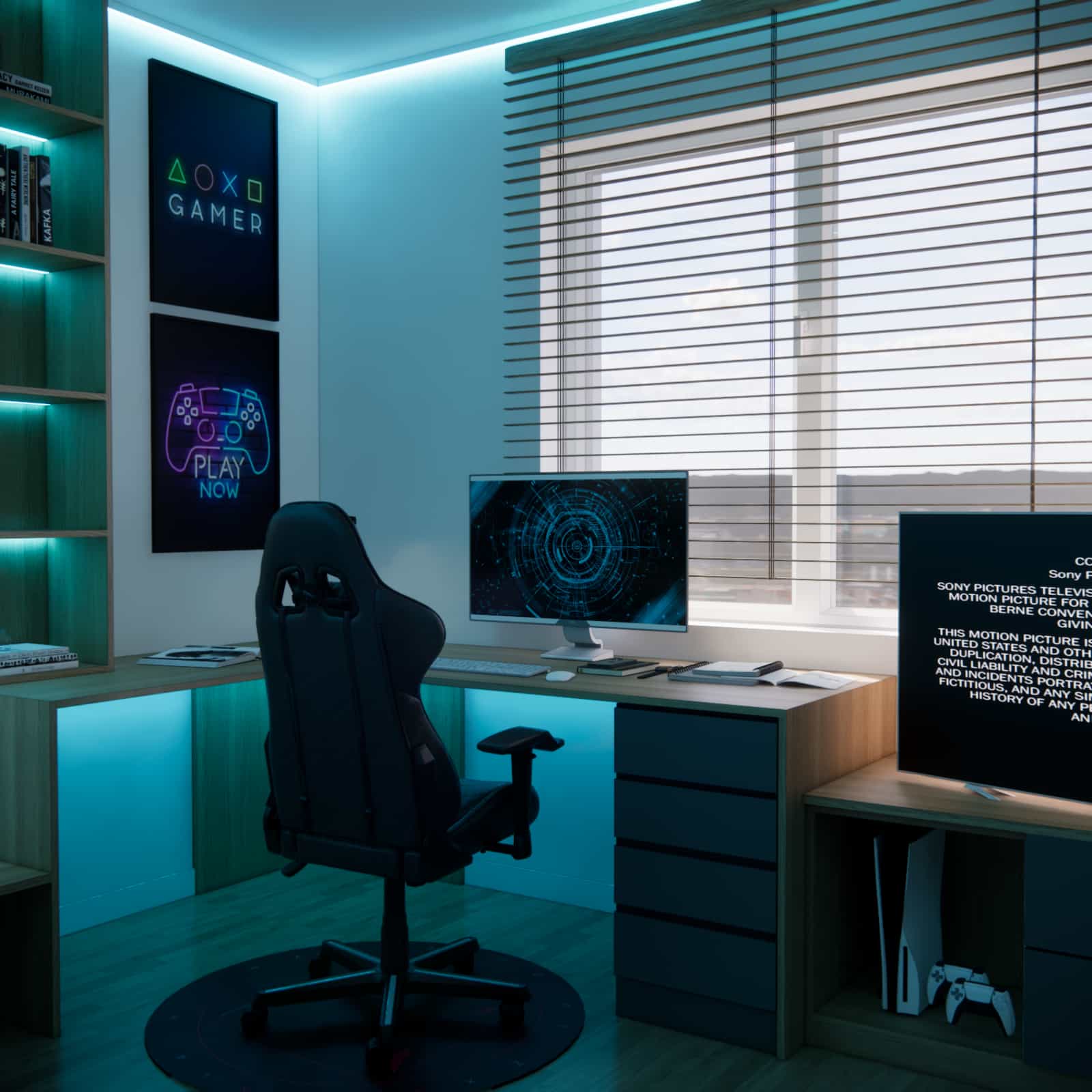 Modern desk for a child by the window with LED lighting and space for studying and computer setup