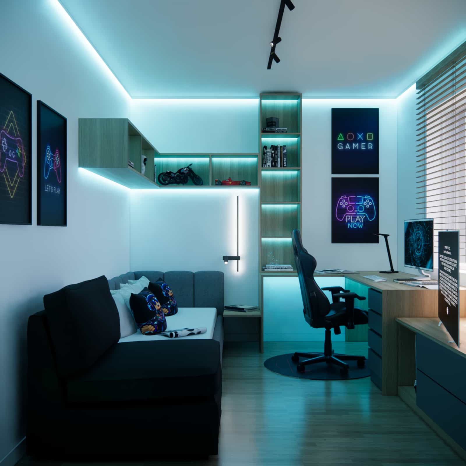 Modern room for a 10-year-old boy 13 m2 with sofa, corner desk and LED lighting in gaming style