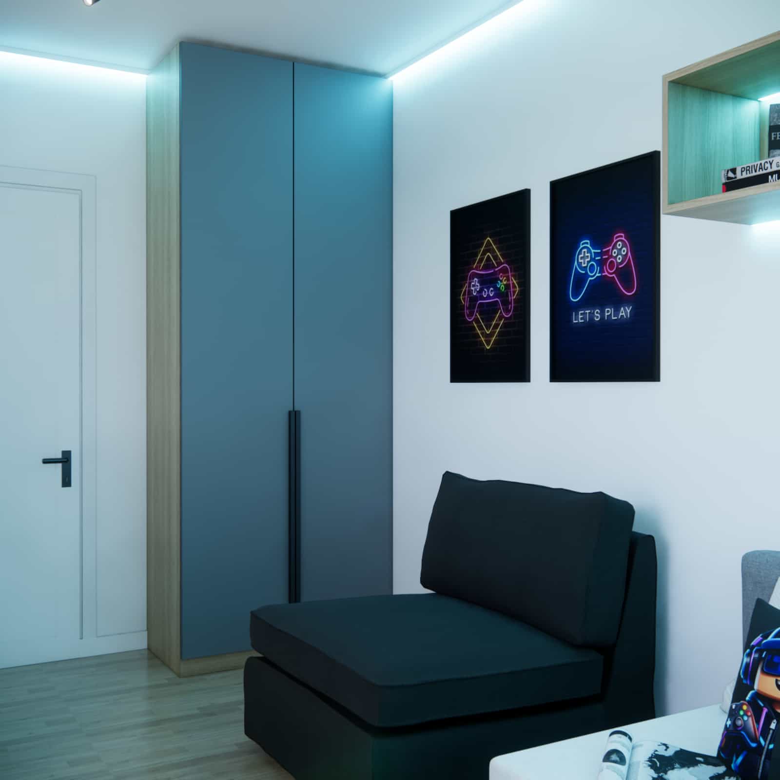 Modern children's room with sofa, wardrobe and gaming-style wall decorations