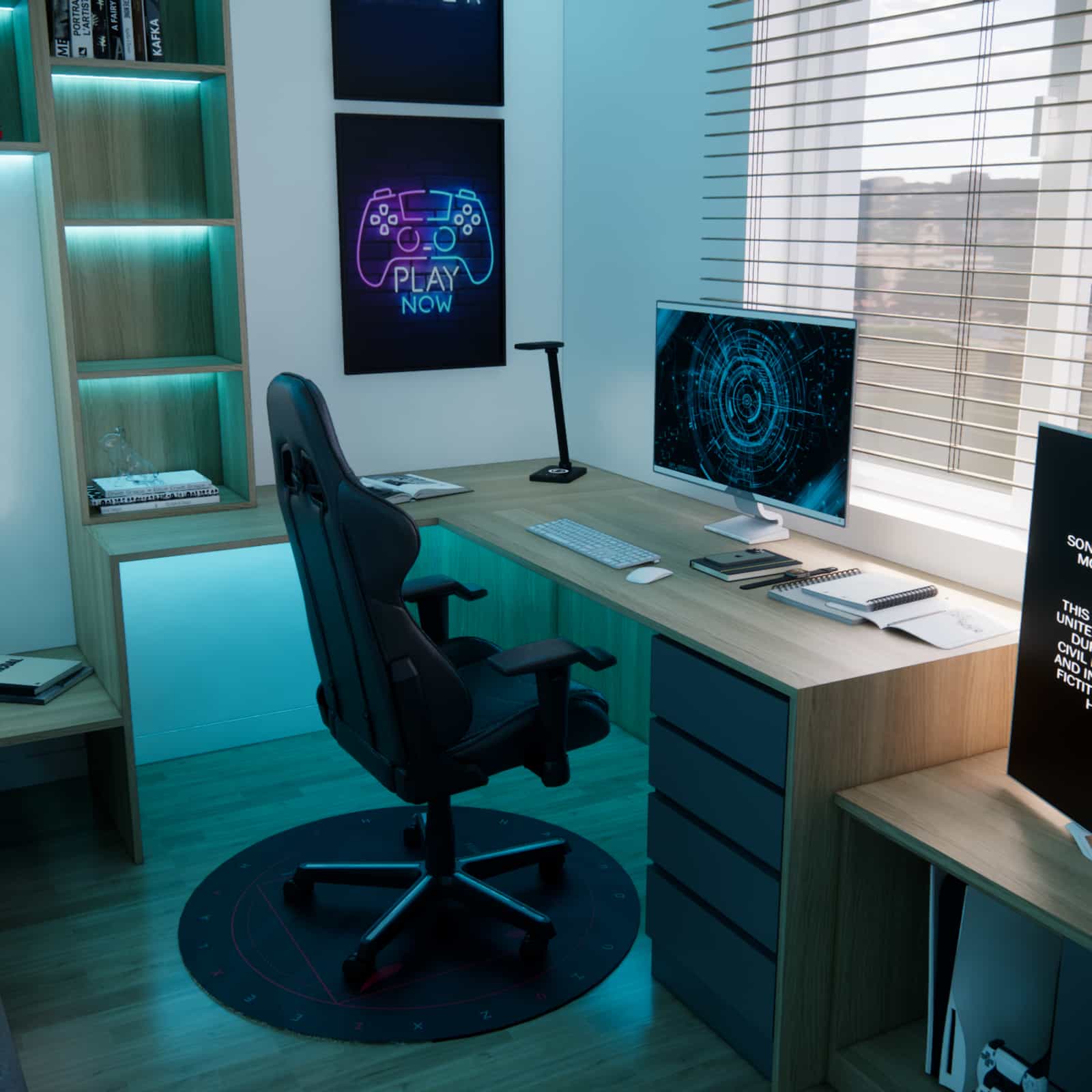 Study and gaming zone in a 10-year-old boy's room with corner desk by the window and ergonomic chair