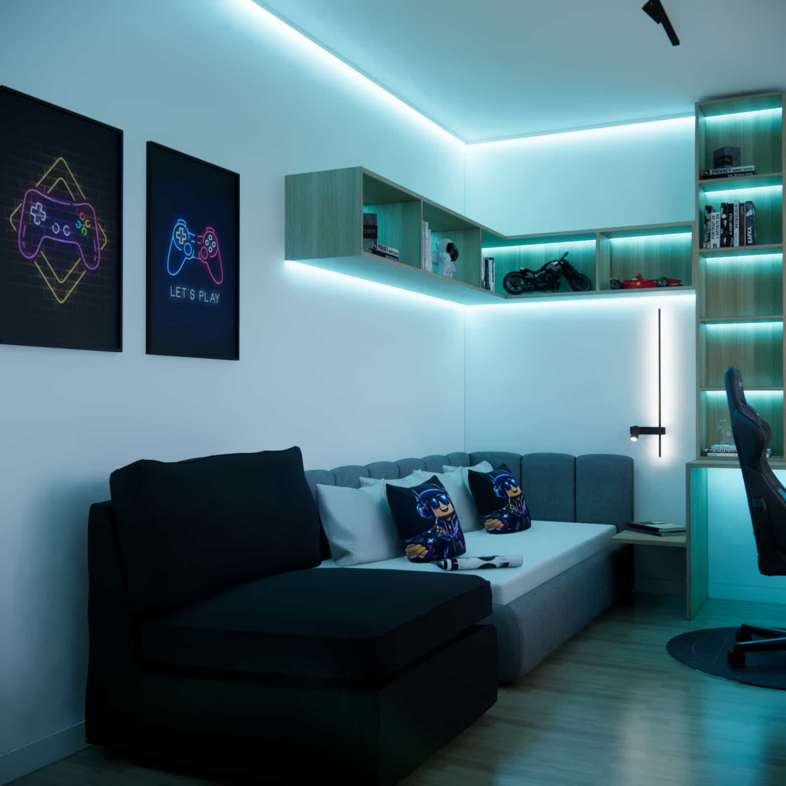 Relaxation zone in a 10-year-old boy's room with sofa, LED lighting and gaming wall decor