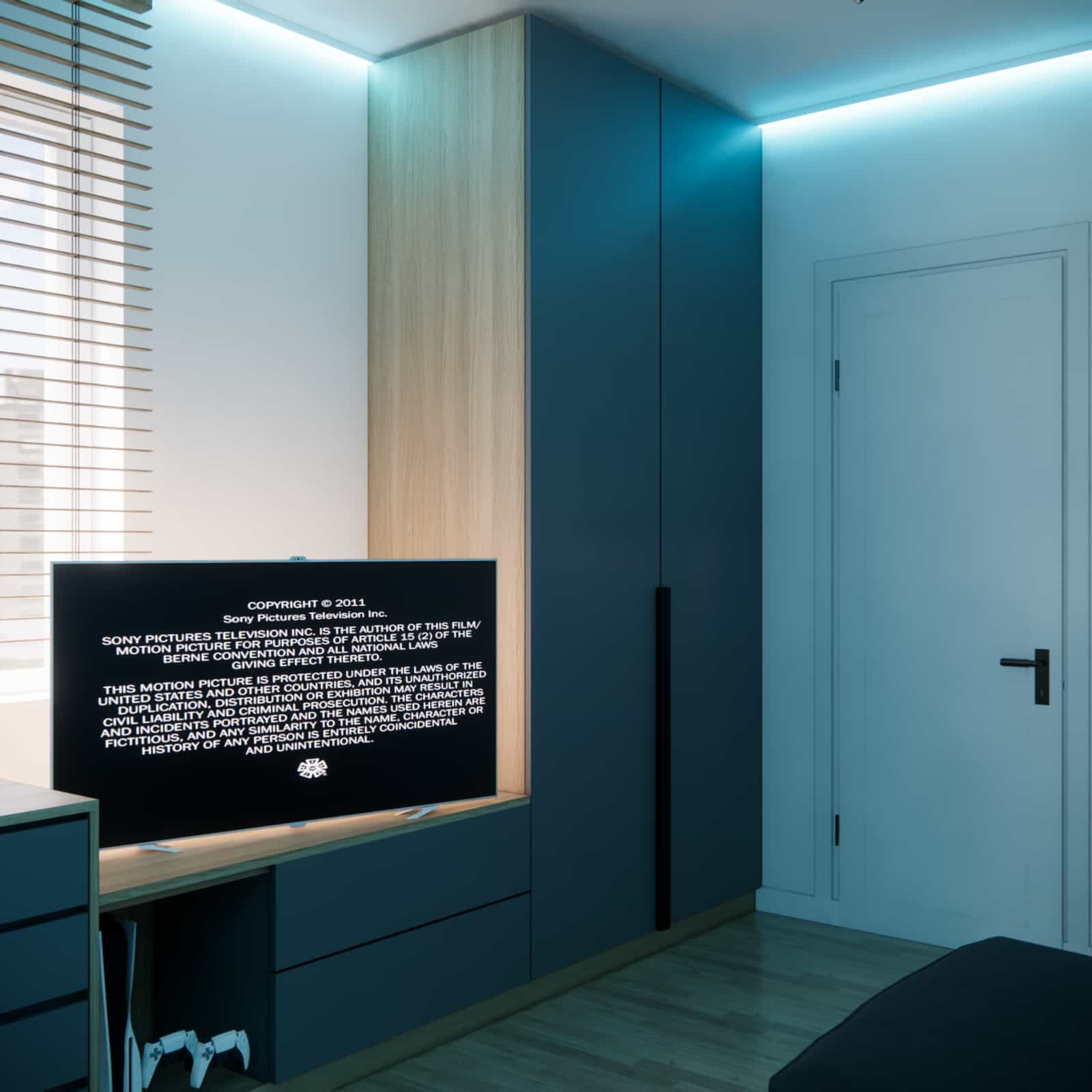 Built-in furniture and multimedia zone in a 10-year-old boy's room with TV and space for console