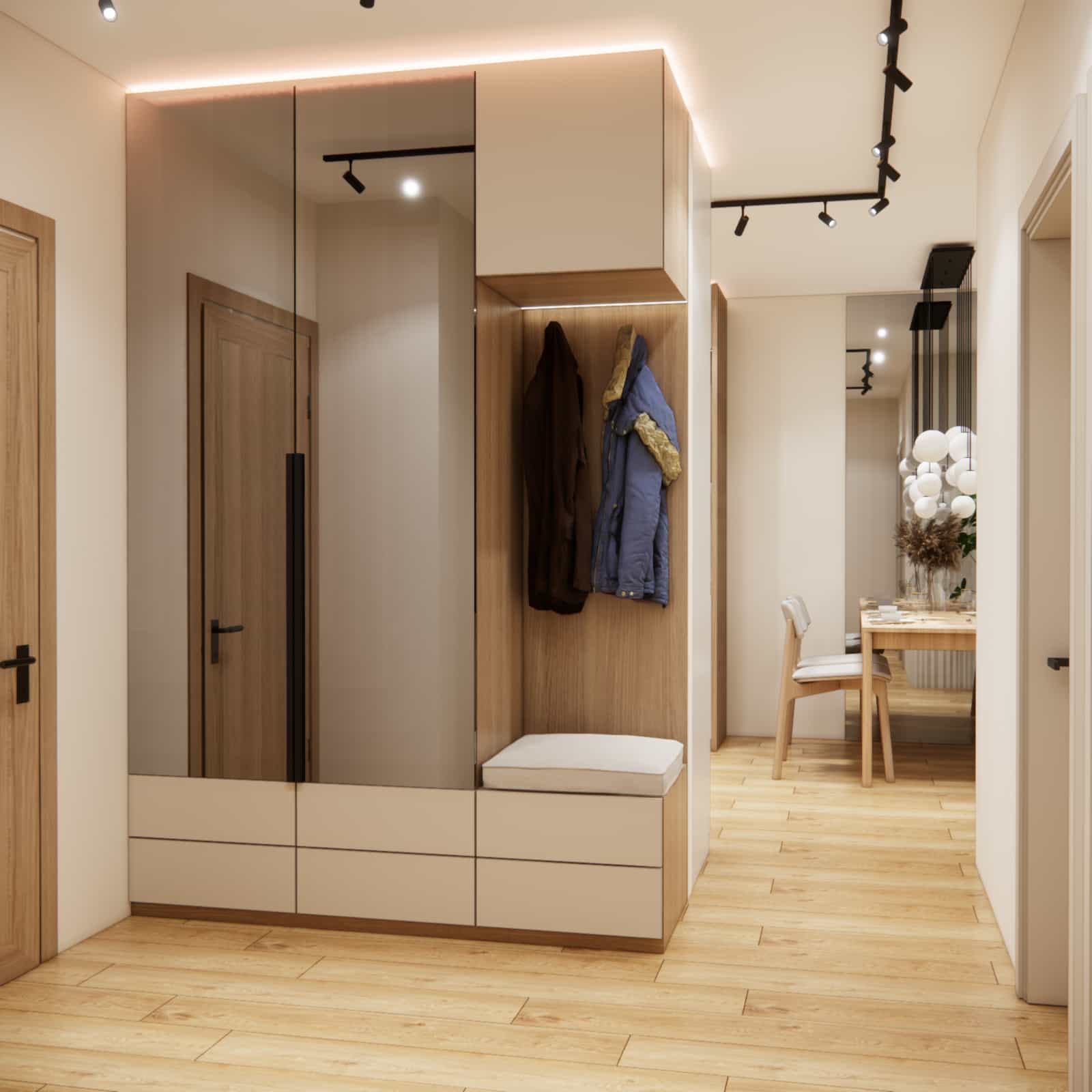 hallway 50m2 apartment wardrobe mirror seating wood storage