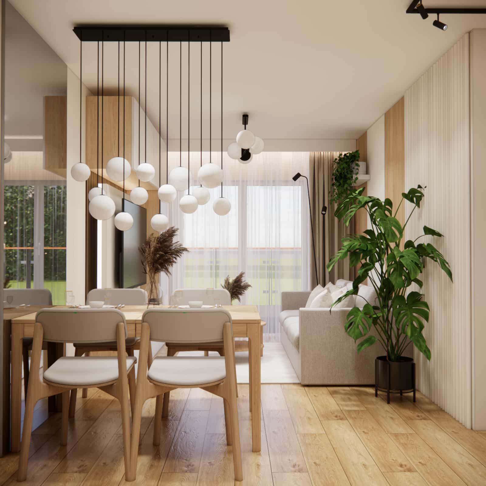 dining area 50m2 apartment wooden table bright chairs decorative lamp