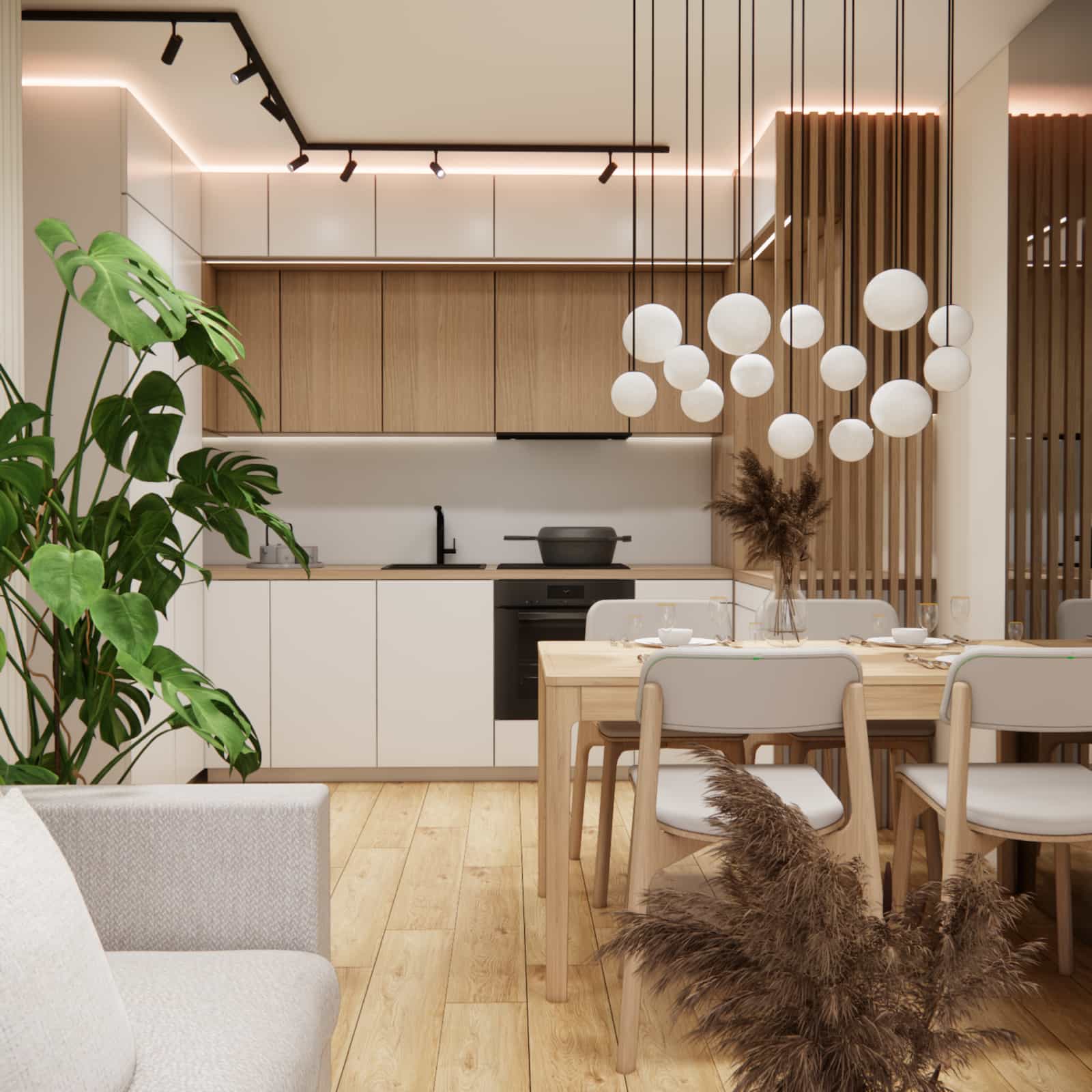 bright kitchen 50m2 apartment wood cabinetry black fixtures LED lighting