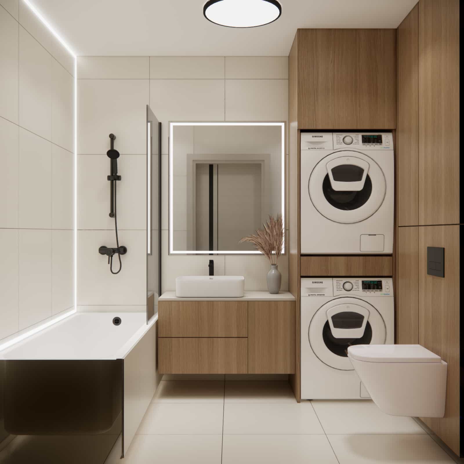 bathroom 50m2 apartment bathtub washer dryer wood cabinetry black fixtures
