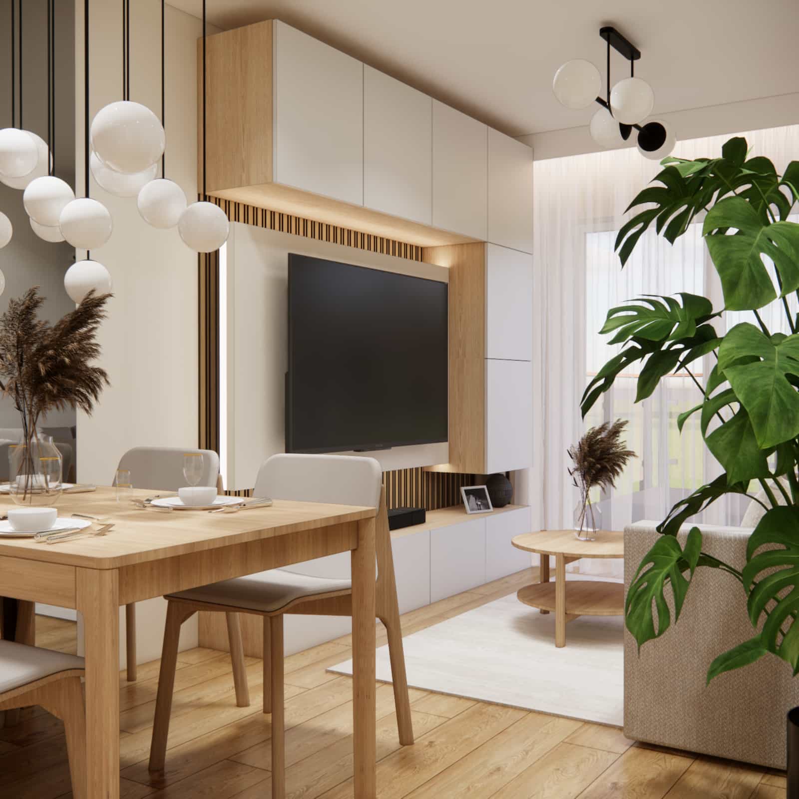modern TV wall unit 50m2 apartment wood white slats living room