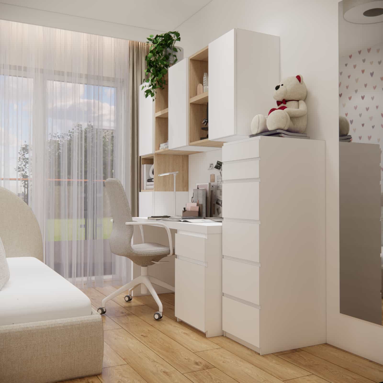 girls room 50m2 apartment desk storage bright interior