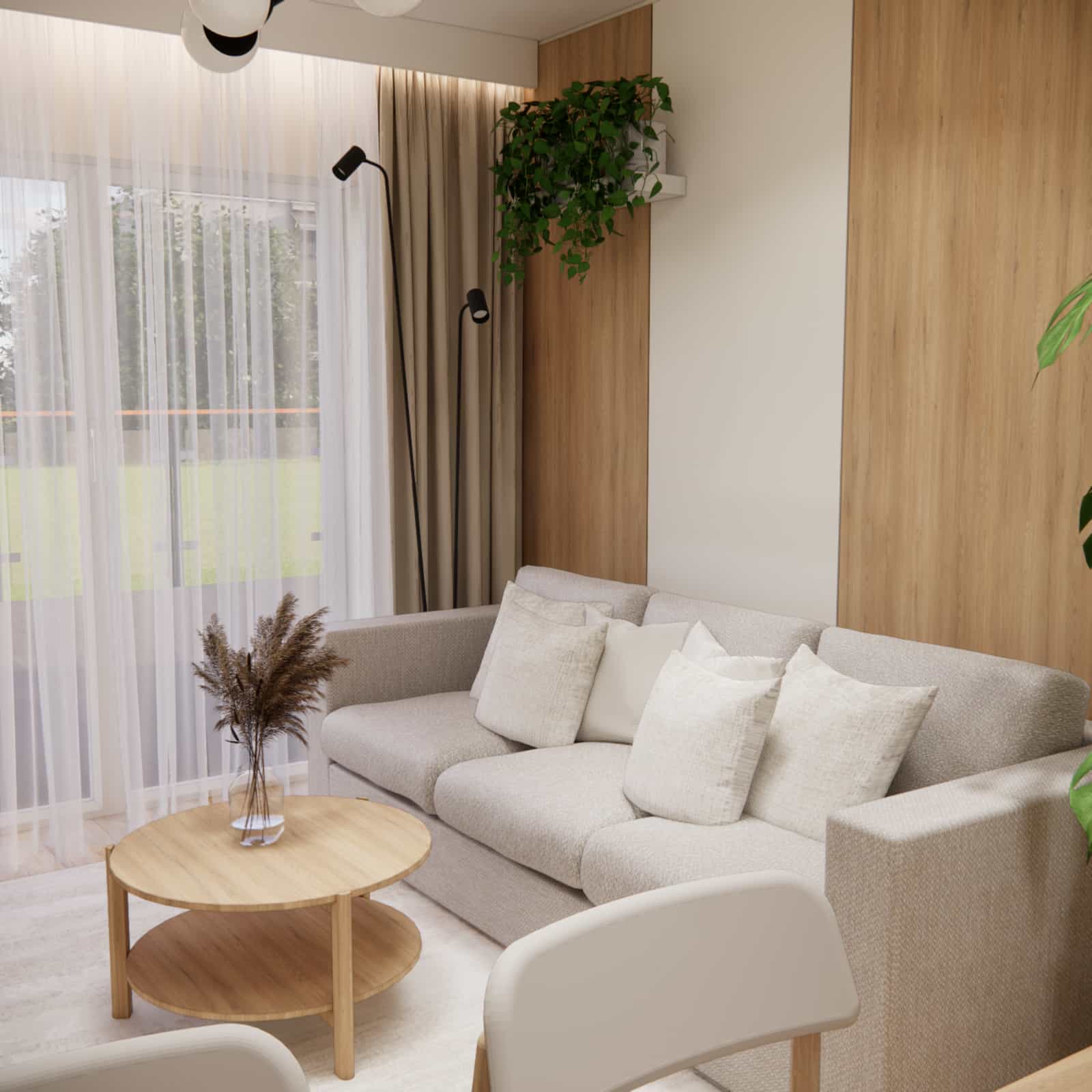 50m2 apartment design living room with kitchenette bright interior wood modern lighting