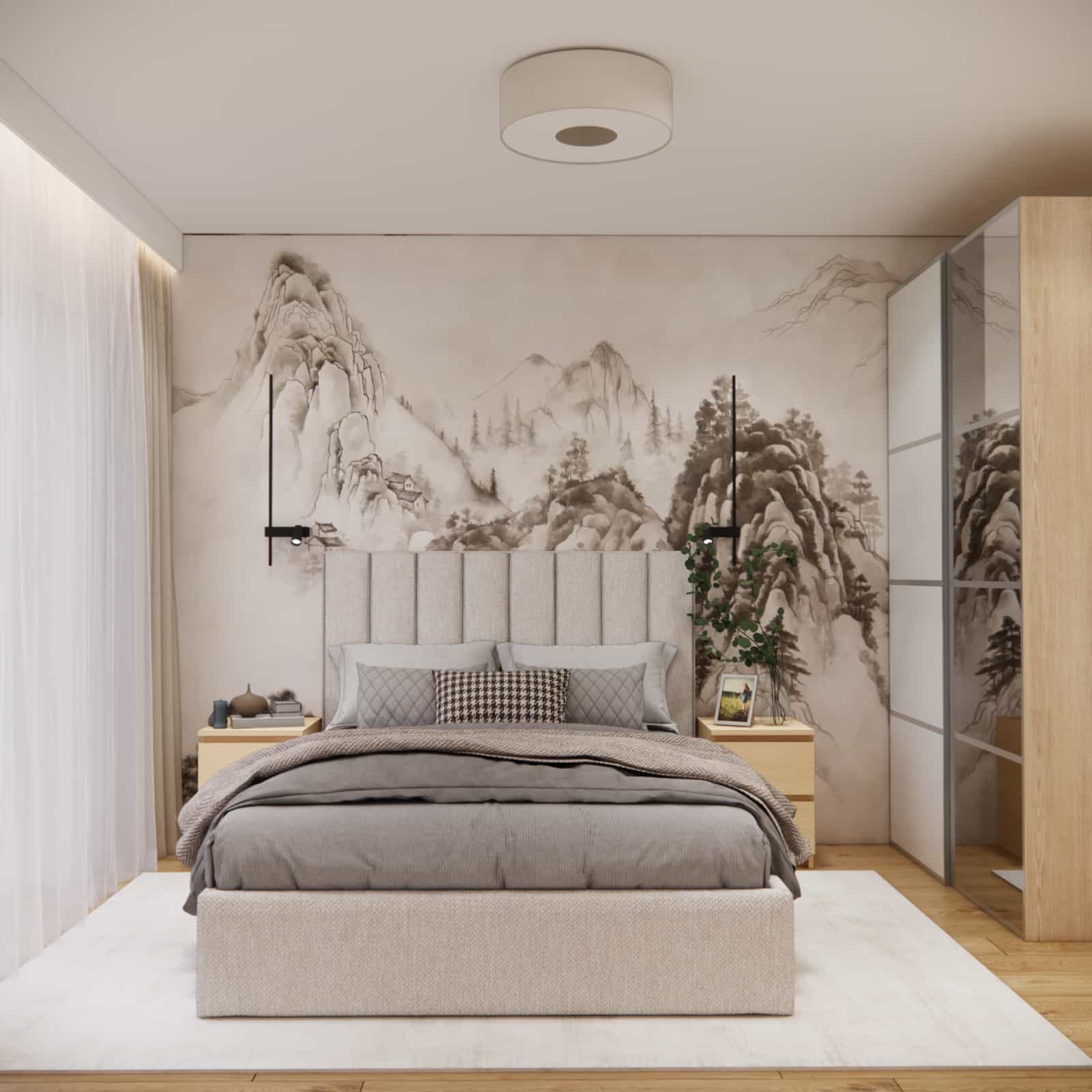 bedroom 50m2 apartment upholstered bed mural wall wood accents