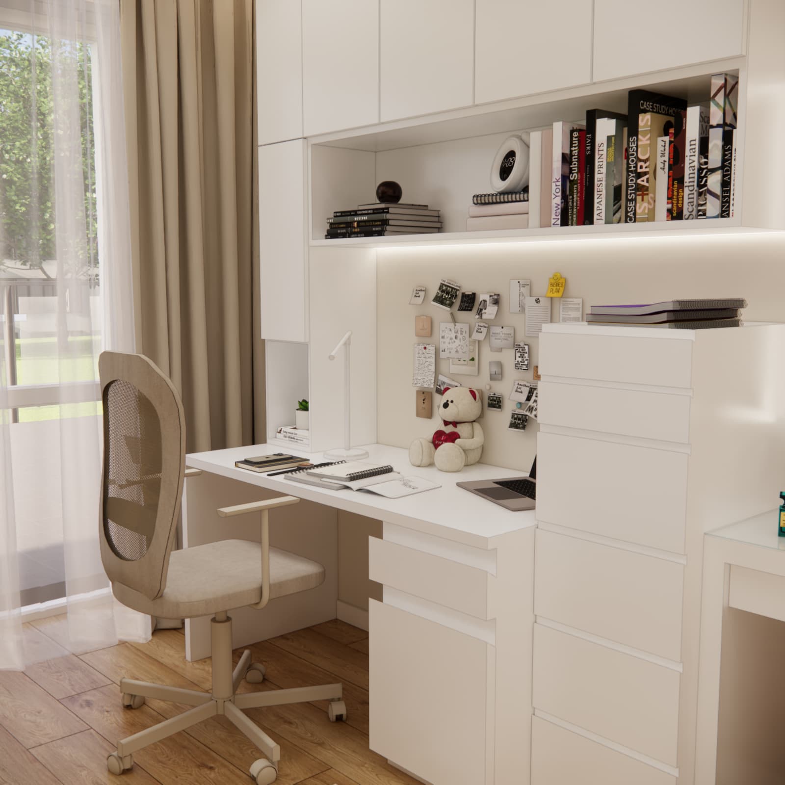 Teen desk by the window white built-in shelves study area teenage room