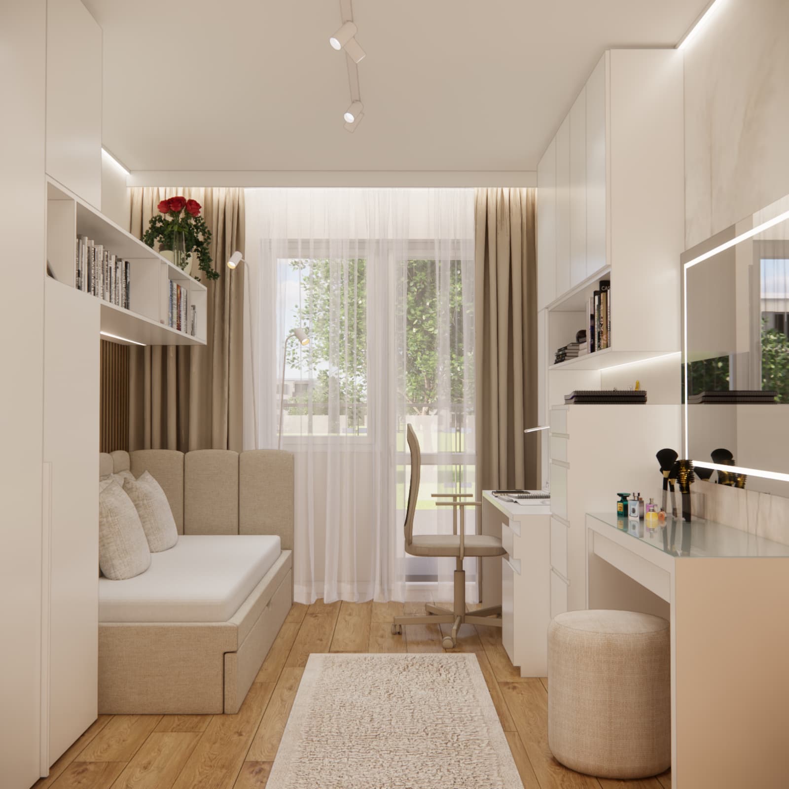 Bright teenage room 12m2 beige and white bed desk and vanity interior design