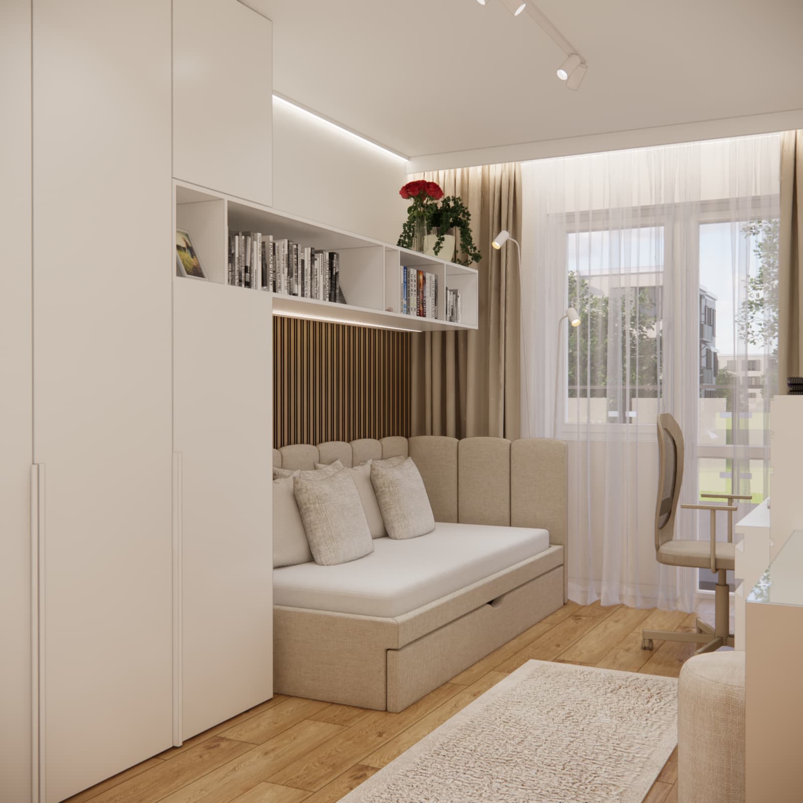 Beige teenage bed with slats and wall unit modern girl room