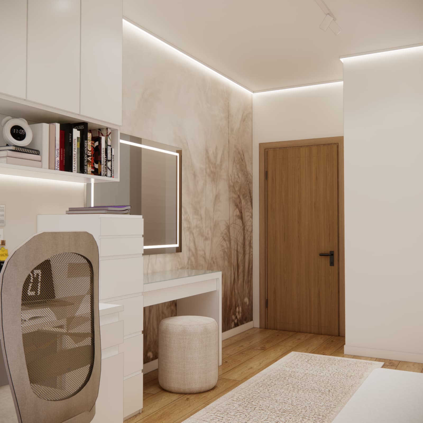 Modern vanity with LED mirror pouf and white furniture teenage girl room
