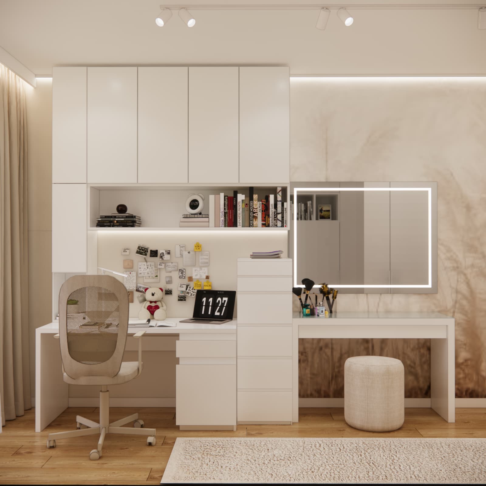 Teenage girl room white furniture desk and vanity with LED mirror beige accents