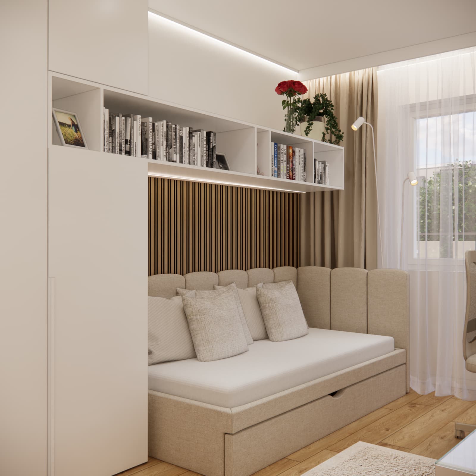 Cozy beige teenage bed with cushions and upholstered panels room design