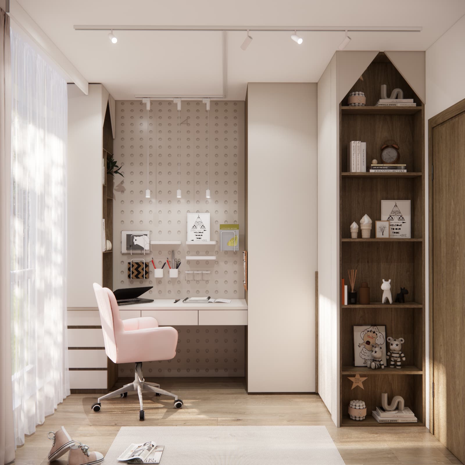 Bedroom for a seven year old girl with a cream wardrobe, a desk beside the window and a house shaped wood effect bookcase