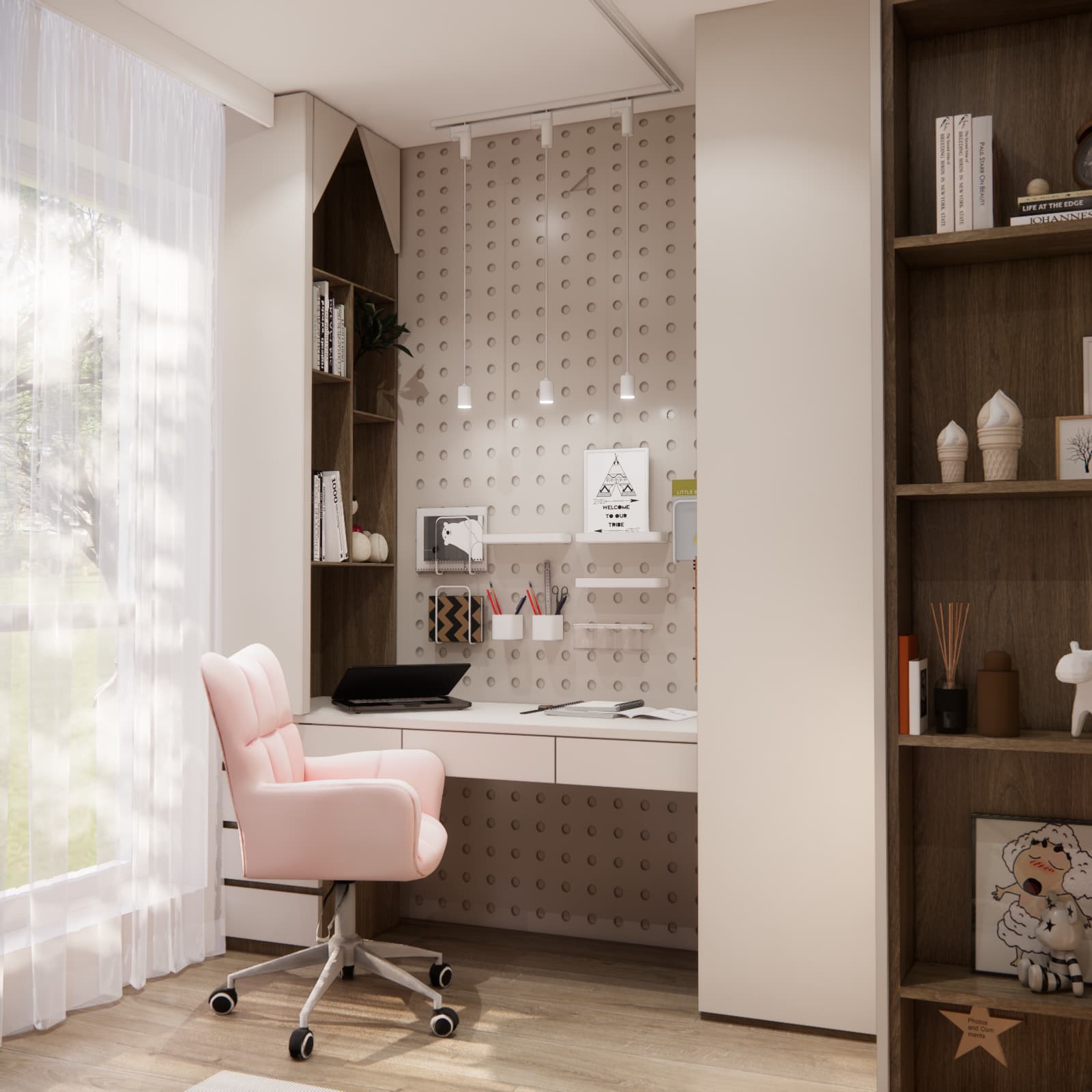 Pink chair at a cream desk with open wood effect shelving in a girl's bedroom