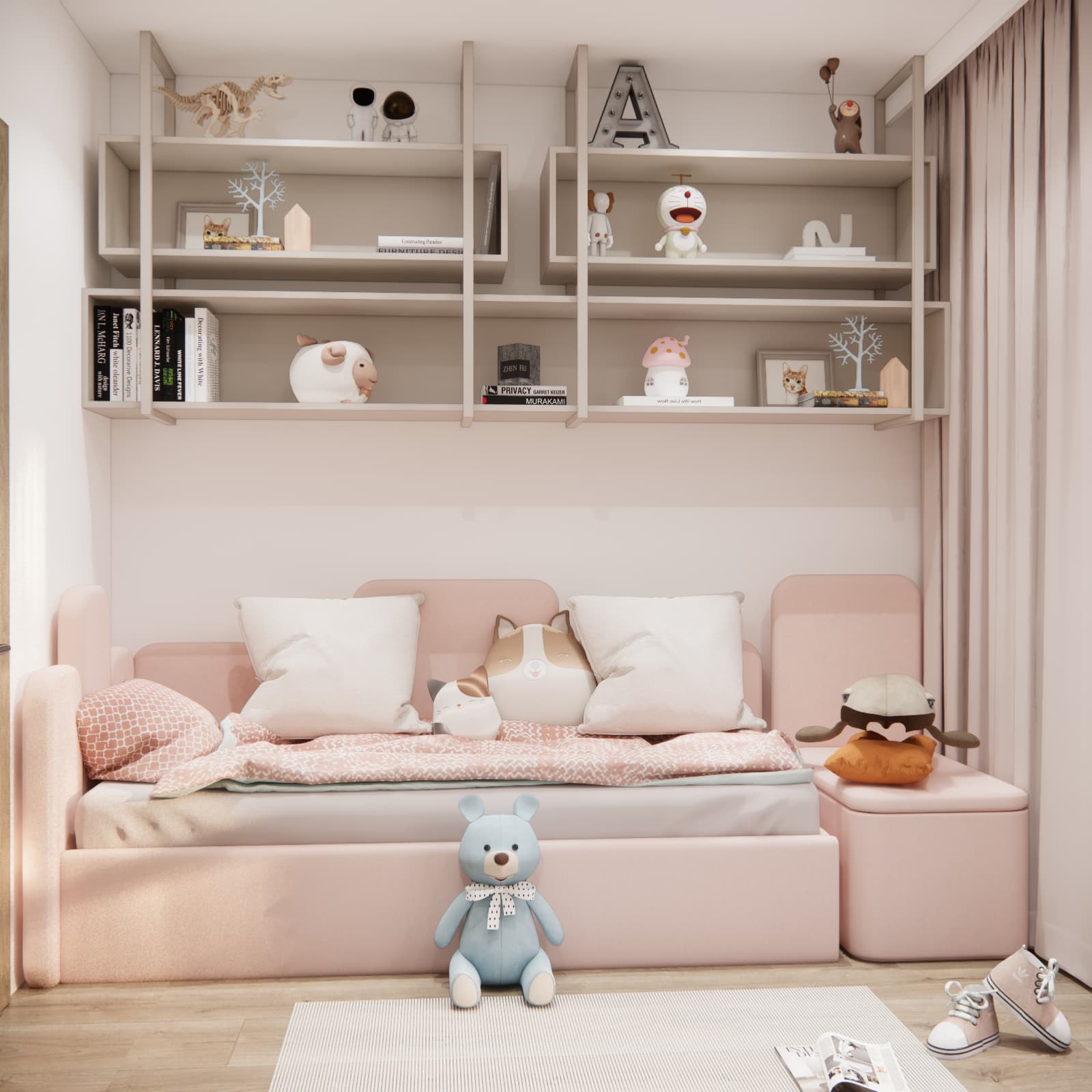 Pink upholstered bed with cushions and open shelves above the relaxation area