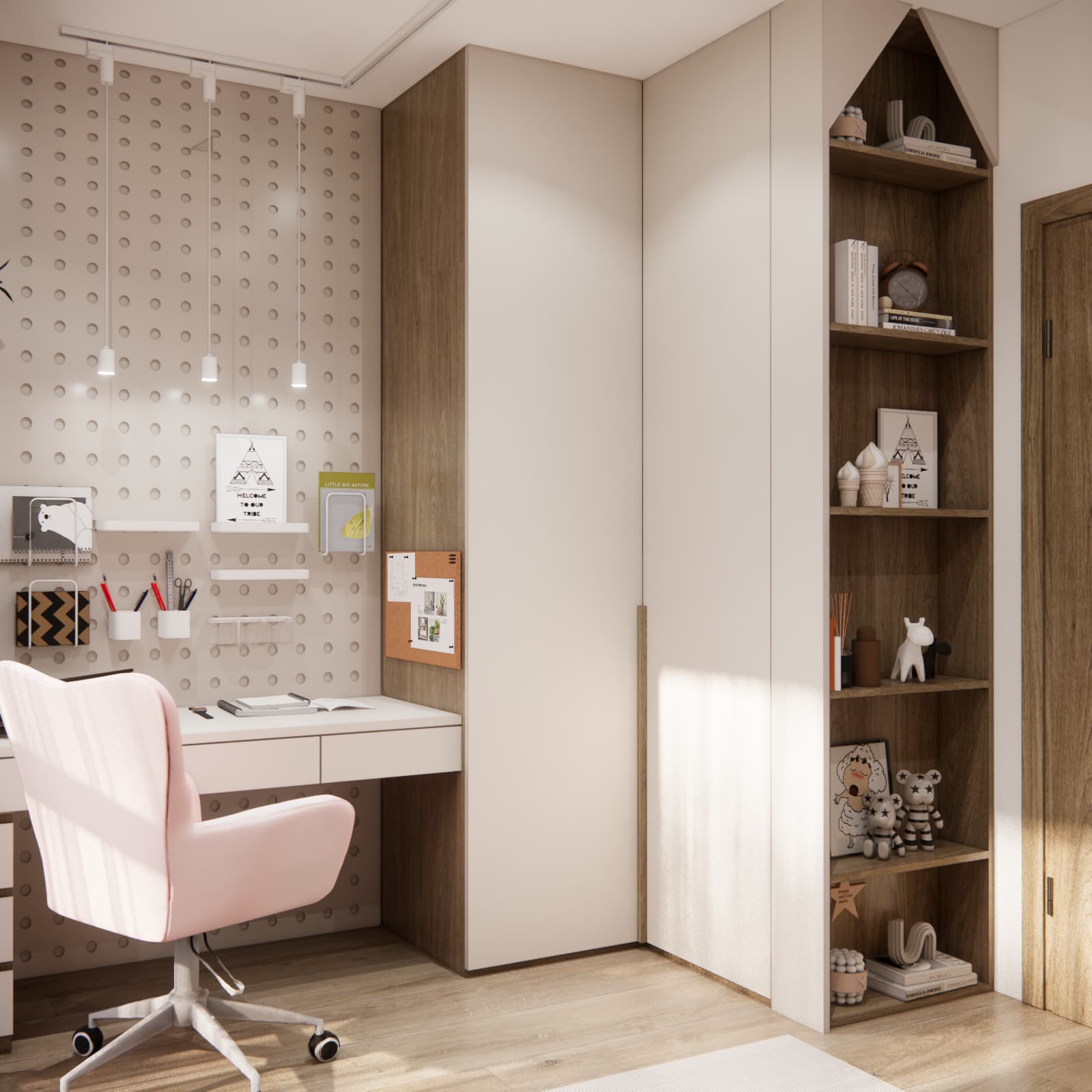 Study area with a desk, drawers, a pink chair and a wall mounted pegboard
