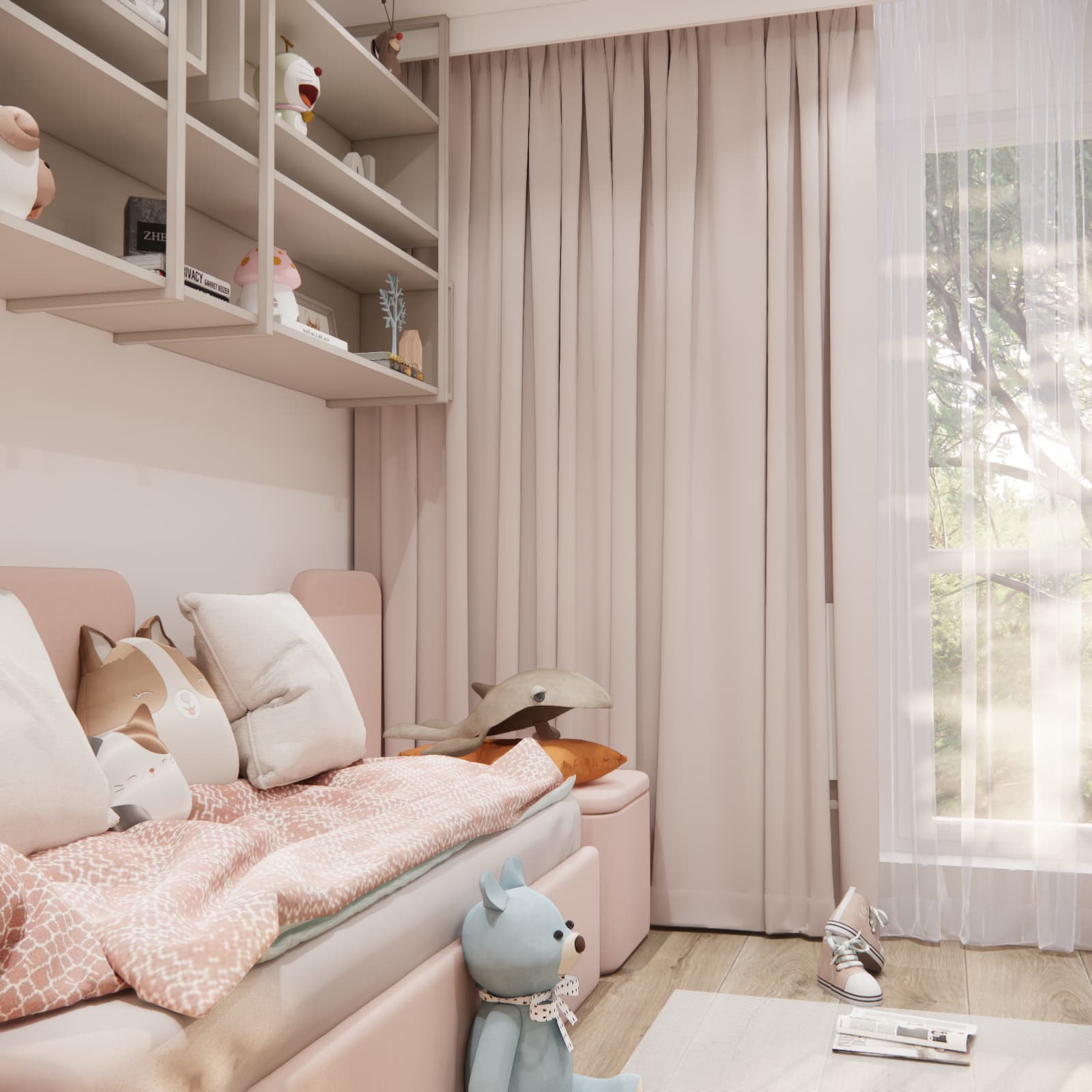 Upholstered bed beside the window with a light sheer curtain, curtains and soft cushions