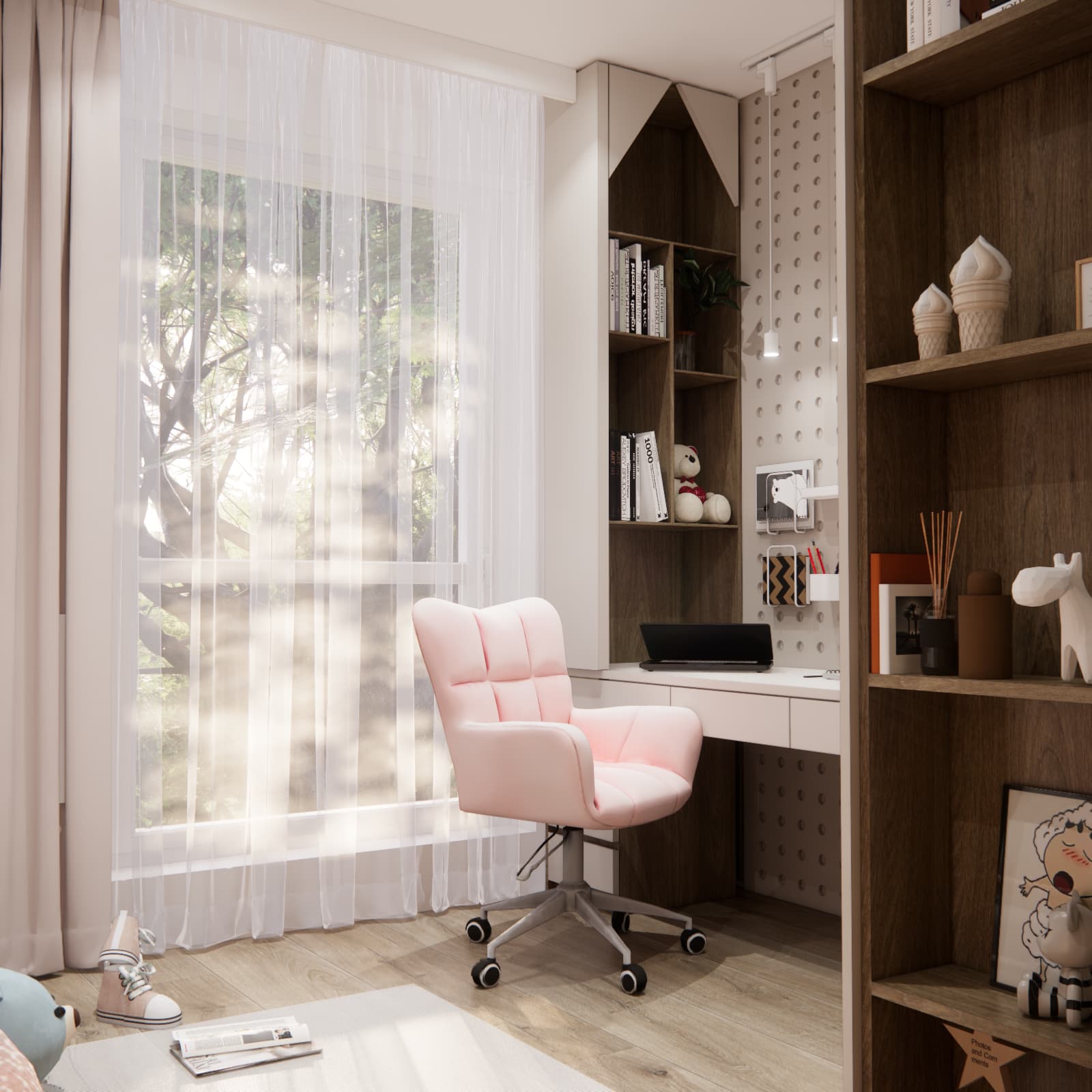 View of the window, desk with a pink chair and tall shelving in a cosy girl's bedroom