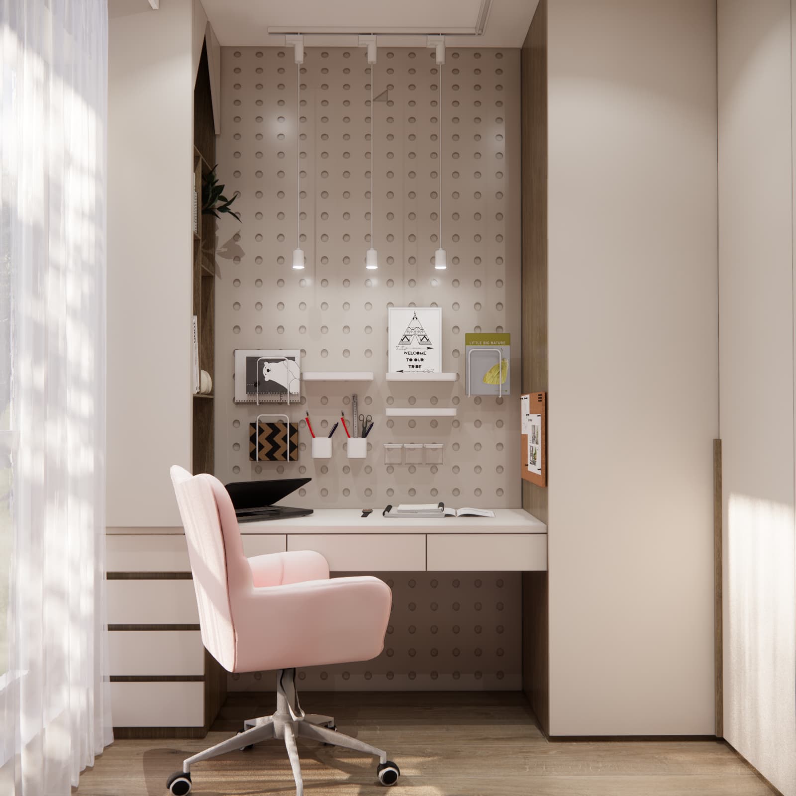 Tall cream cabinetry with vertical handles and open shelving for books and toys