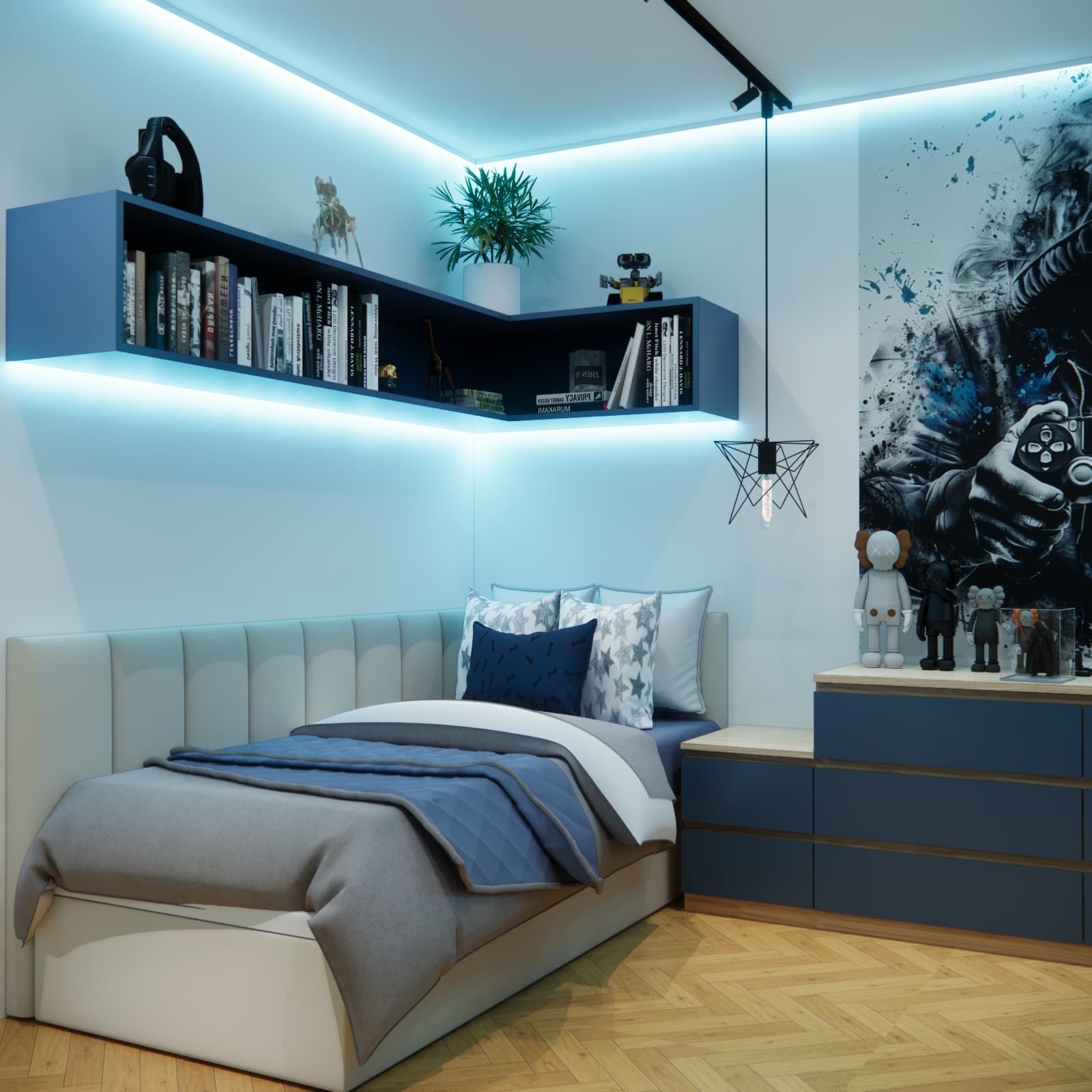 Bed with a light upholstered backrest, a navy corner shelf and accent lighting in a boy’s room
