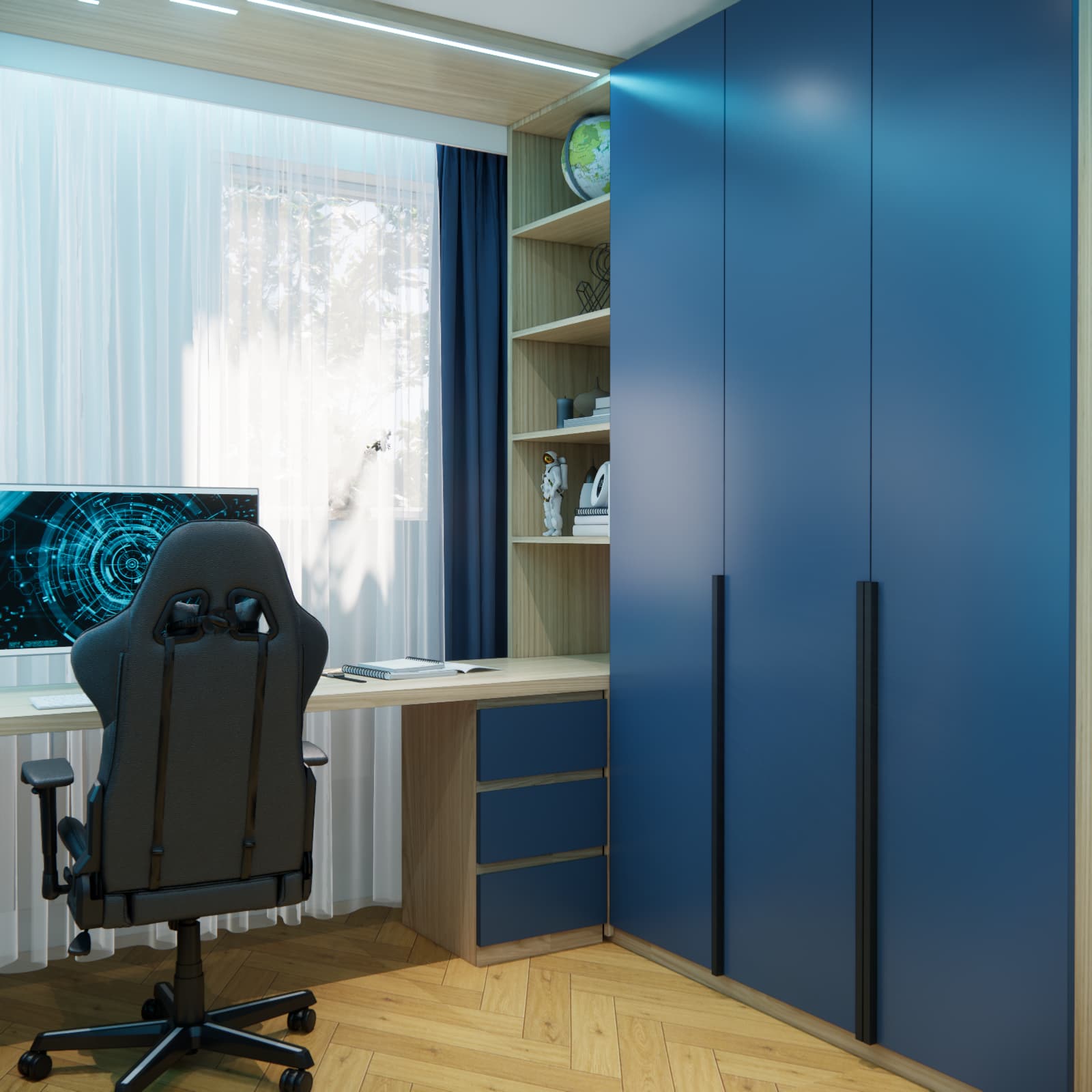 Desk with drawers combined with open shelving and a tall navy wardrobe in a boy’s room