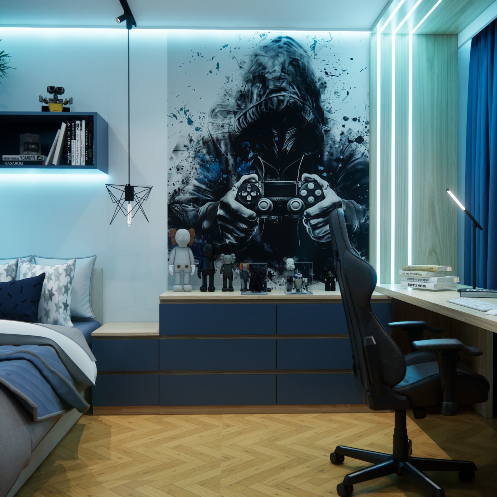 Gaming wall art featuring a controller above a navy chest of drawers and figurines between the bed and desk