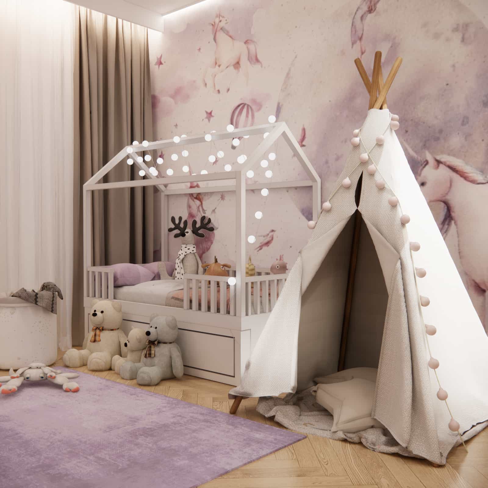 Tipi z pastelowymi girlandami i łóżko domek w pokoju dziewczynki 4 lata, z bajkowym muralem przedstawiającym jednorożce.