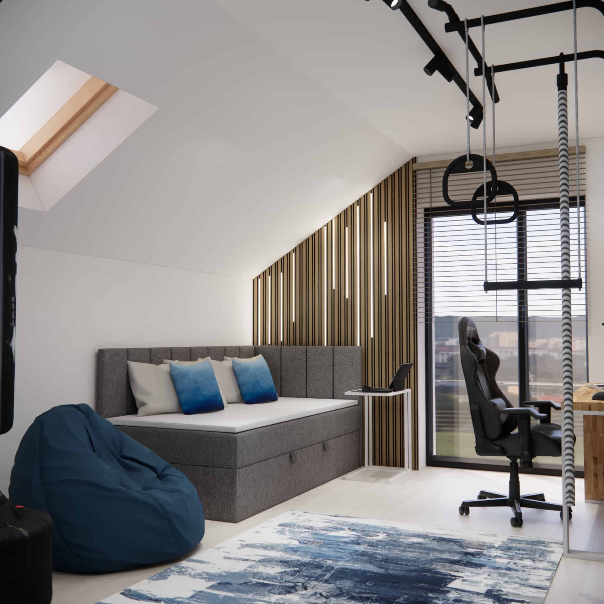 Teen room in an attic with a clear division into zones
