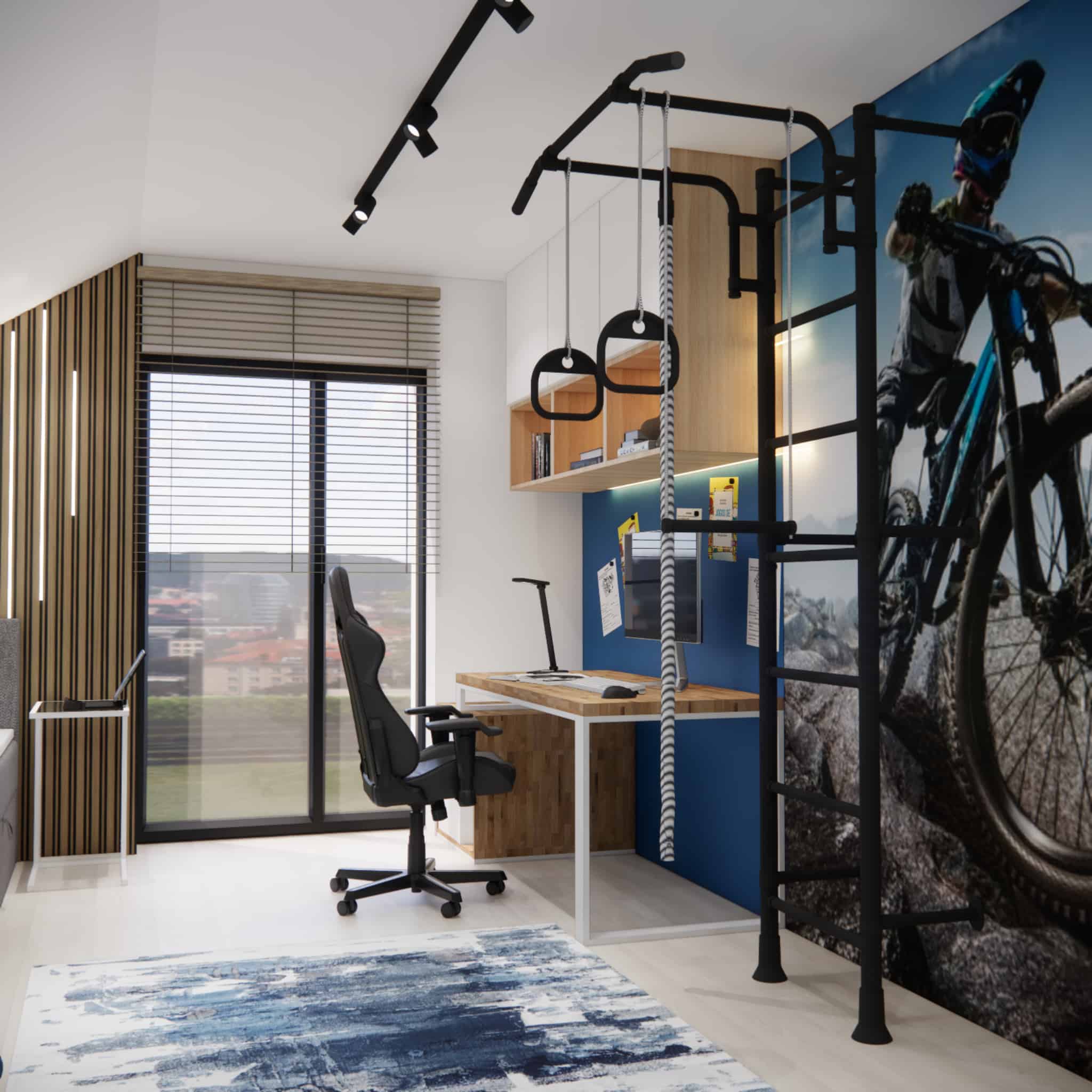 Study area in a teen room with a desk and shelving