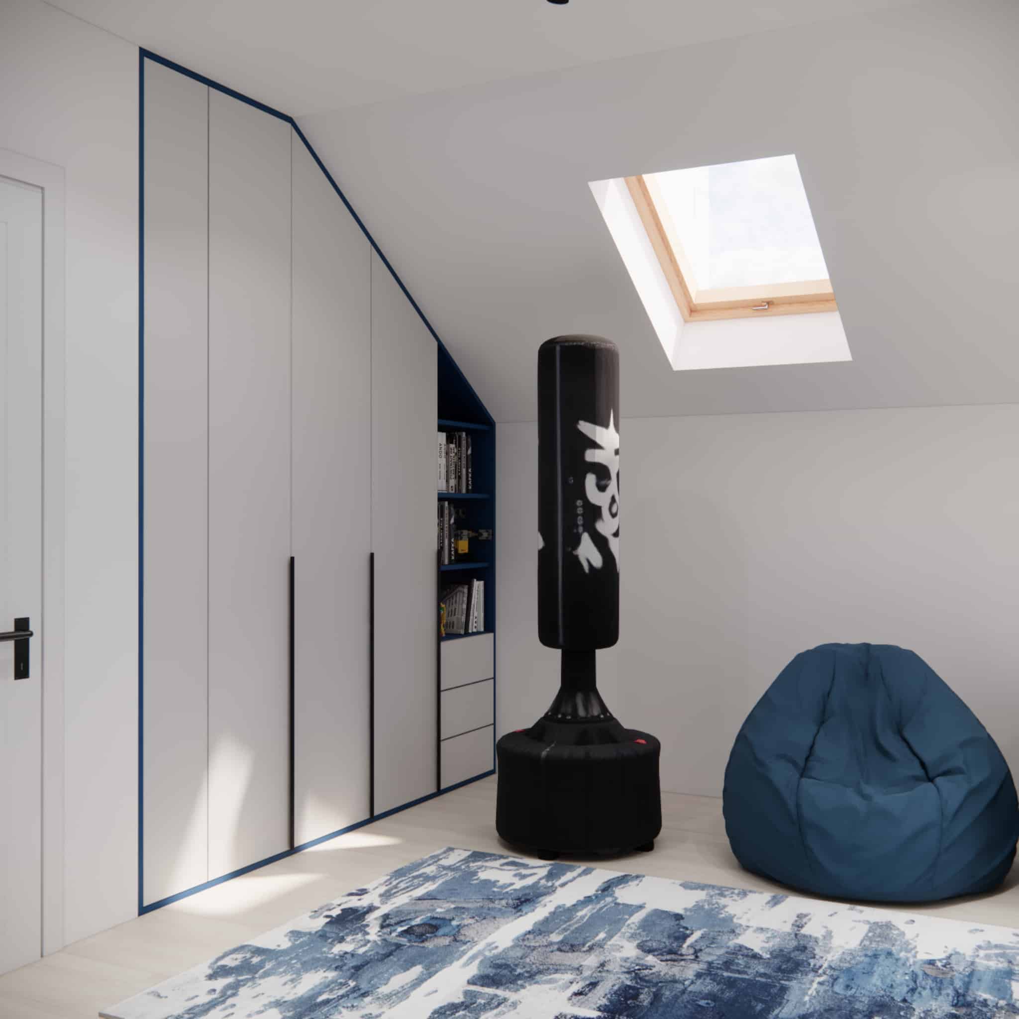 Wardrobe under a sloped ceiling in a teen room