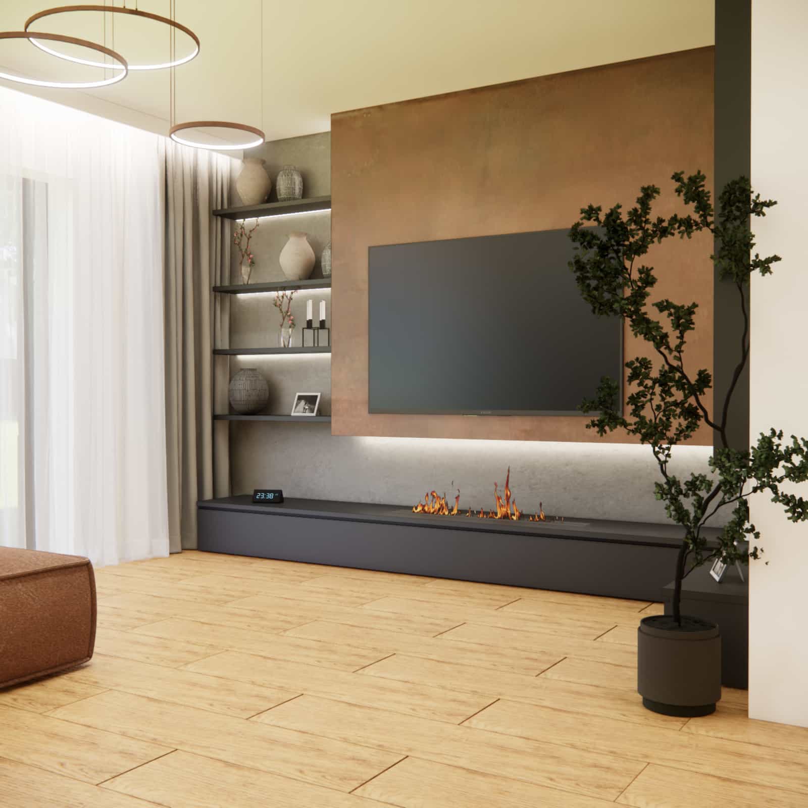 Salon z aneksem kuchennym 50 m2 – elegancka strefa dzienna z miedzianą ścianą, naturalnym drewnem i nowoczesnym oświetleniem