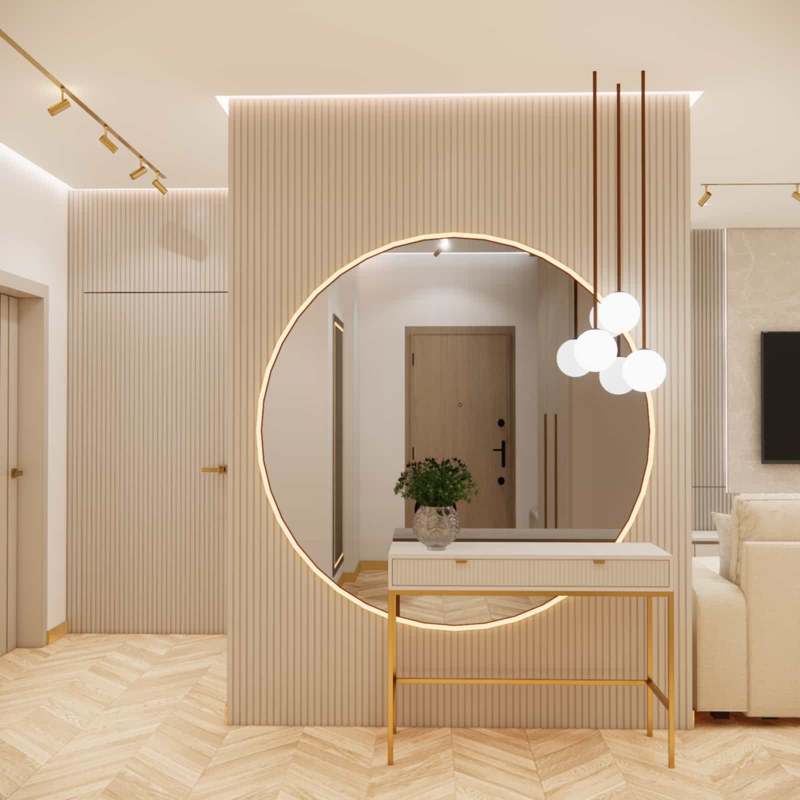 Hol z dużym lustrem – elegancka aranżacja wnętrza z ryflowaną ścianą i złotymi detalami