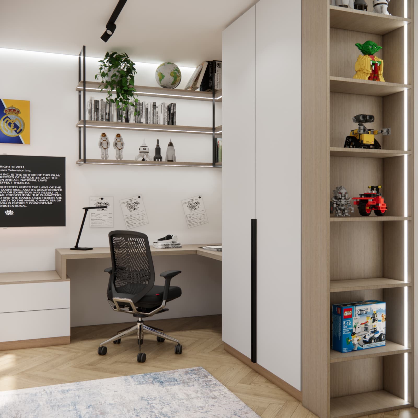 modern football-themed boys bedroom with desk and illuminated shelves