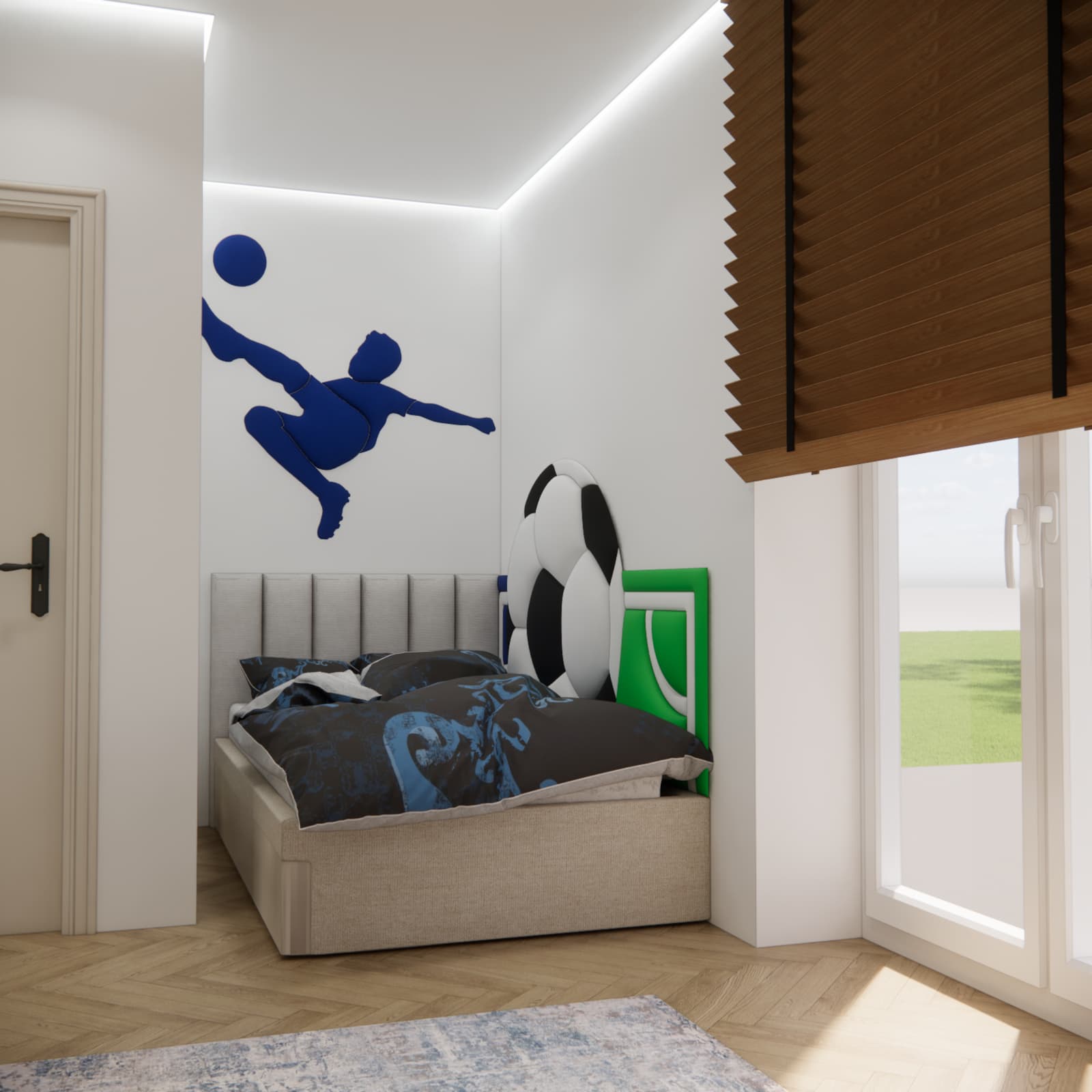 football themed boys bedroom with football player wall decoration