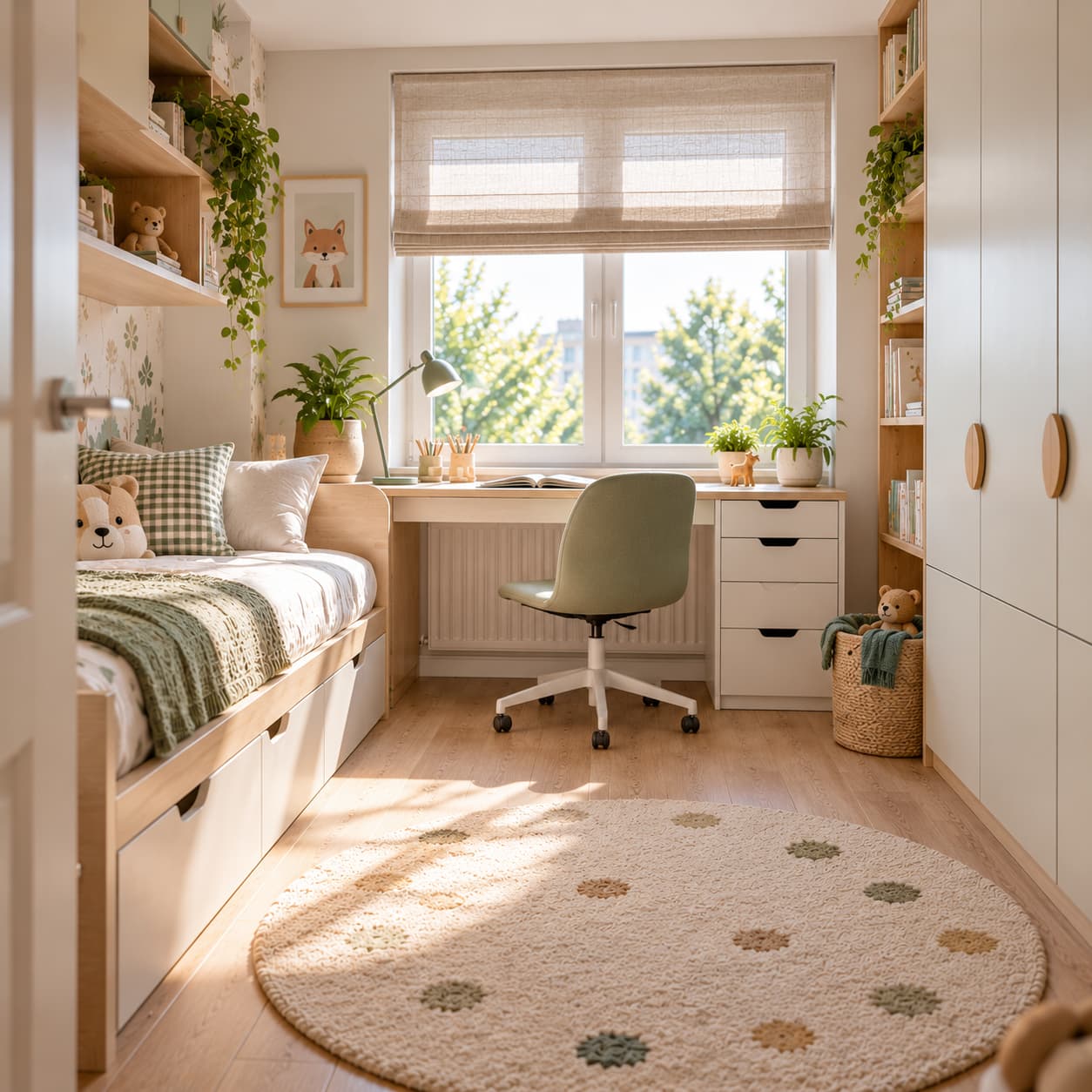 Biurko przy oknie w pokoju dziecięcym 7–8 m²