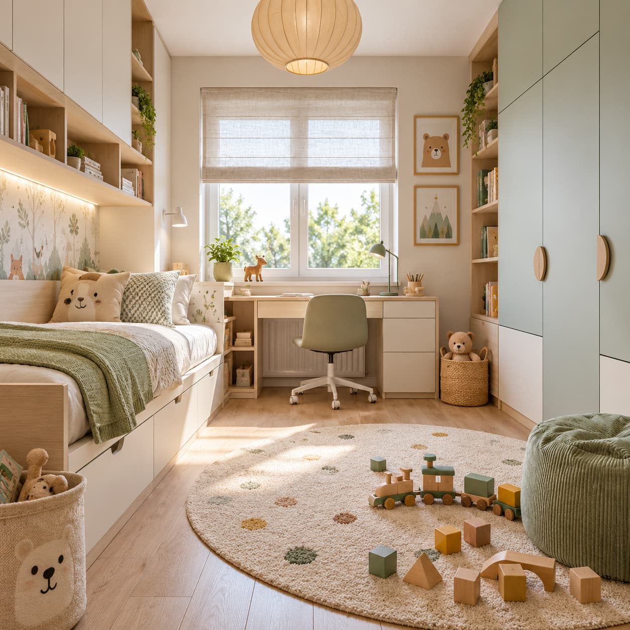 Funkcjonalny pokój dziecięcy 7–8 m² z łóżkiem, biurkiem i miejscem do zabawy