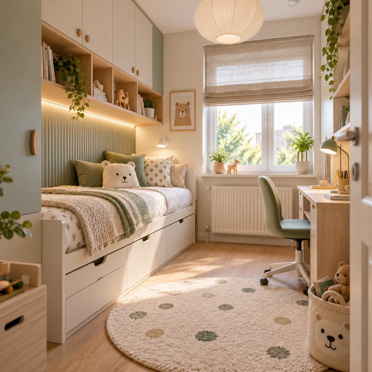 Łóżko z szufladami w małym pokoju dziecięcym 7–8 m²