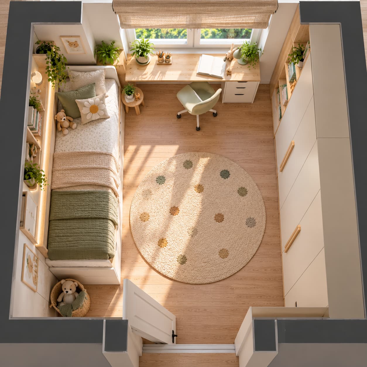 Przykładowy układ funkcjonalny pokoju dziecięcego 7–8 m²
