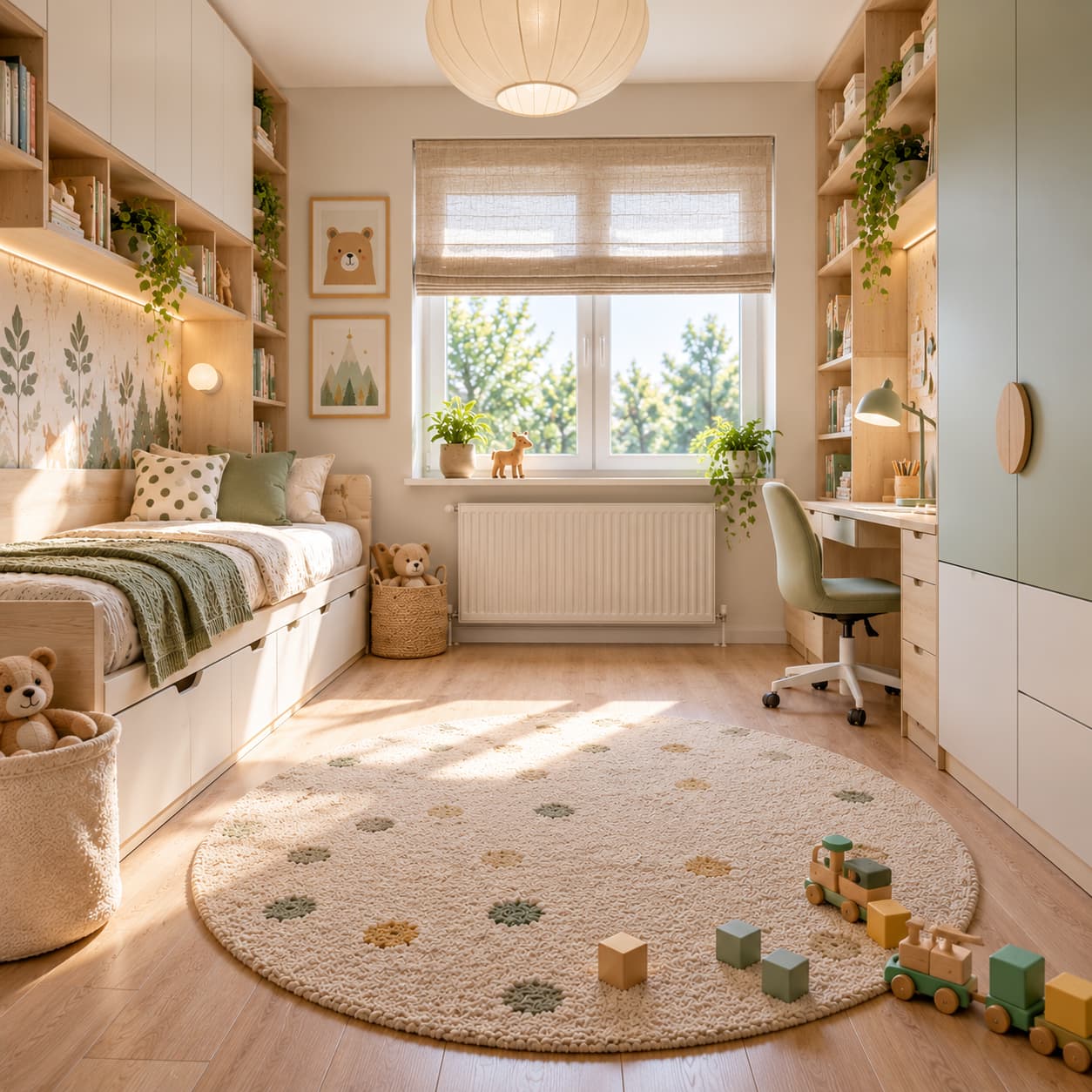 Wolna przestrzeń do zabawy w małym pokoju dziecięcym 7–8 m²