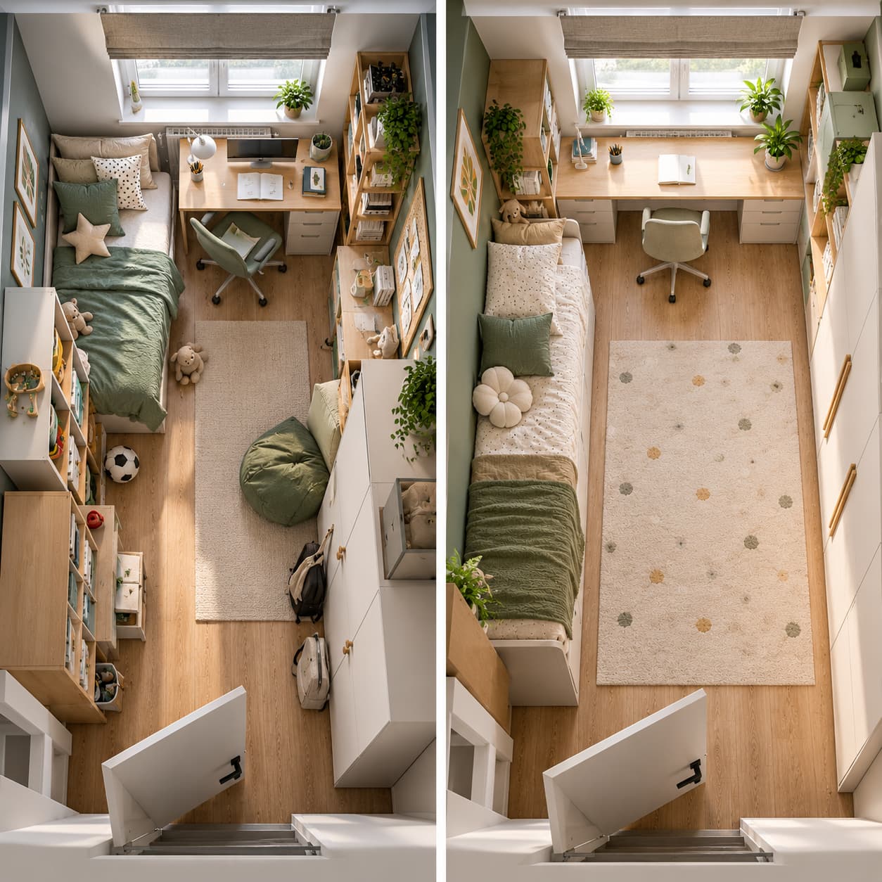 Porównanie dwóch układów pokoju dziecięcego 9–10 m² pod względem wolnej przestrzeni