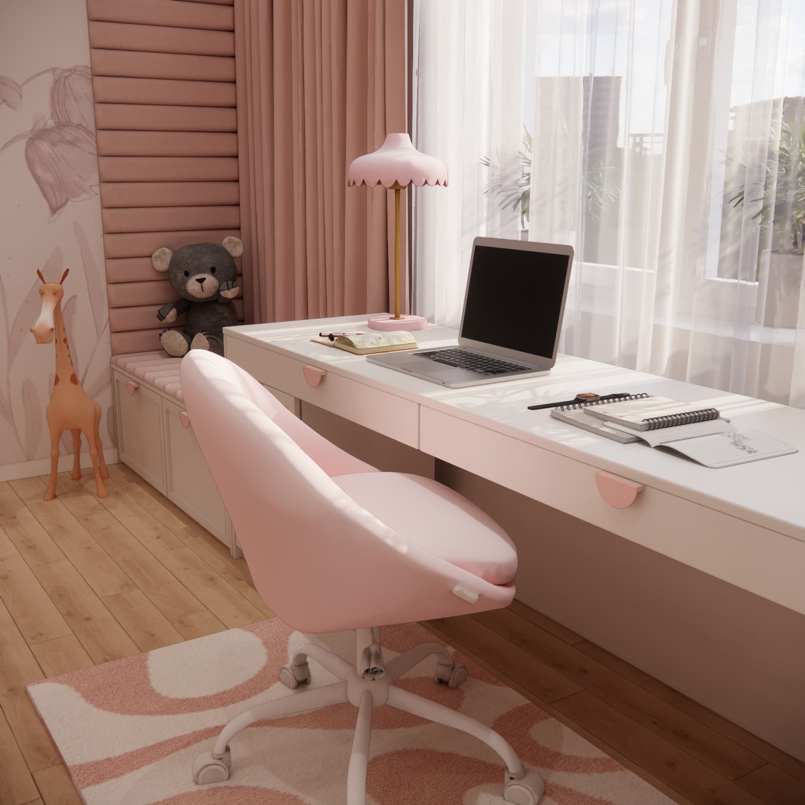 Desk beneath the window and upholstered seat with storage in a girl’s bedroom