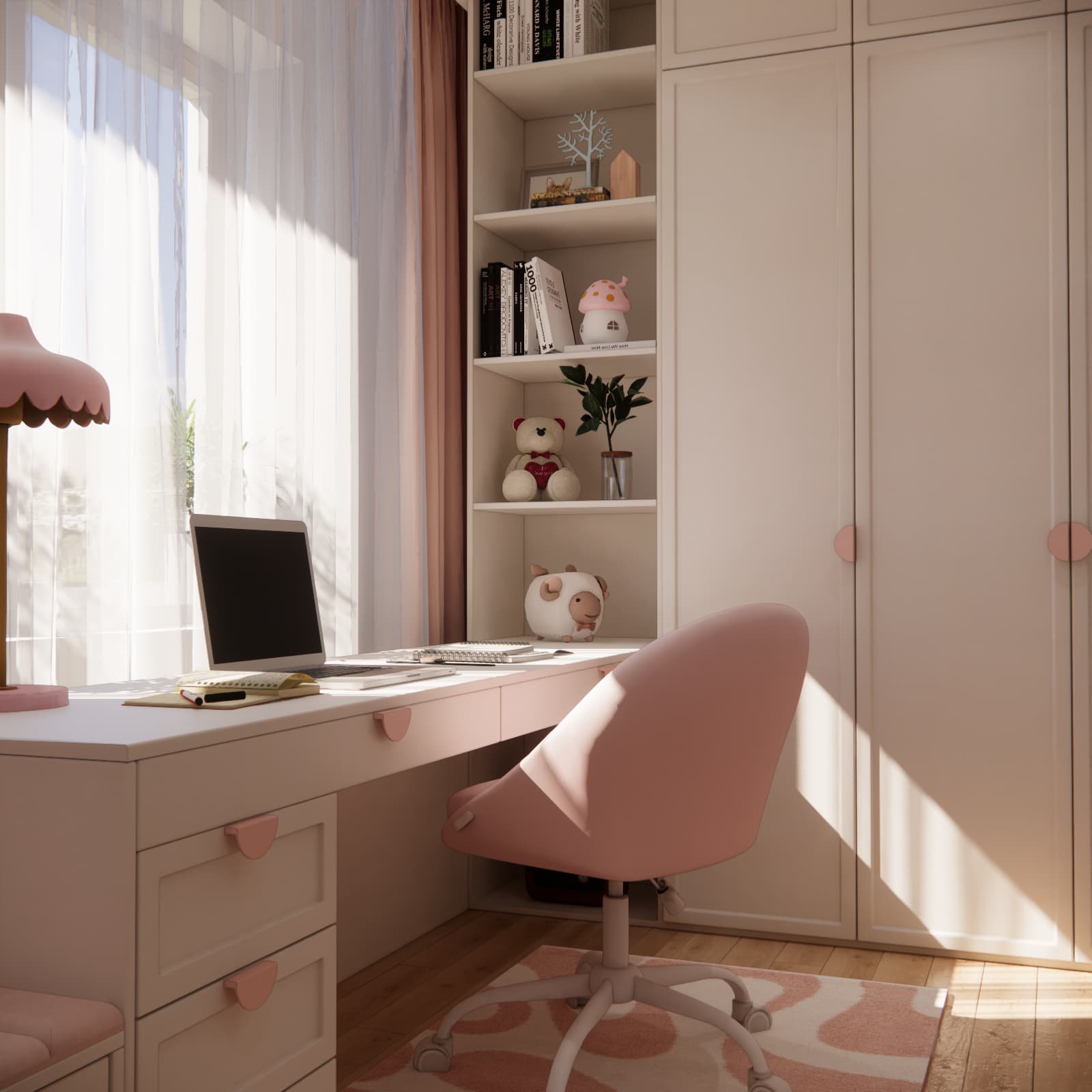 Desk with drawers, pink chair and cream wardrobe in nine-year-old Martyna’s bedroom