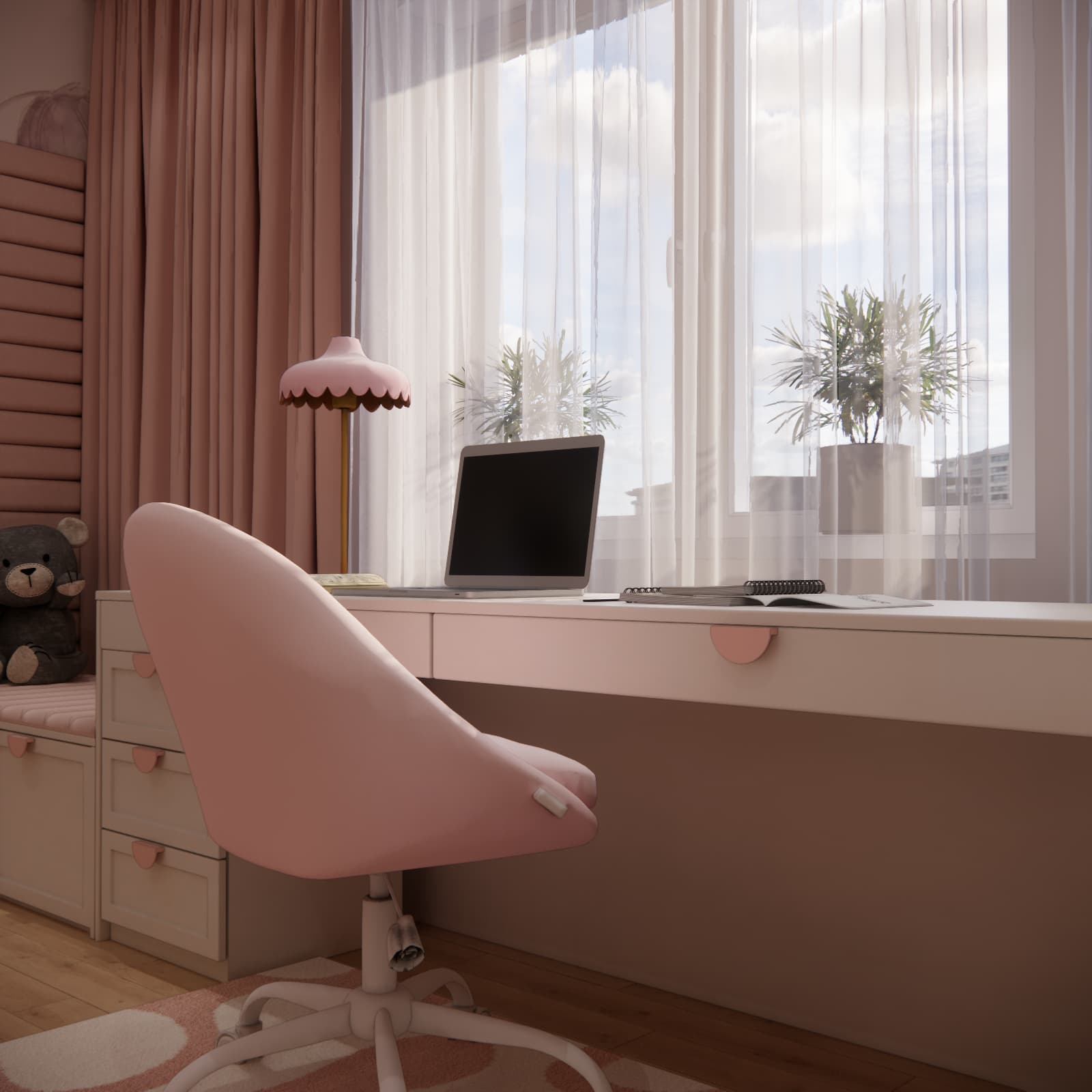 Light-coloured desktop with a laptop and notebook, and a pink chair by the window