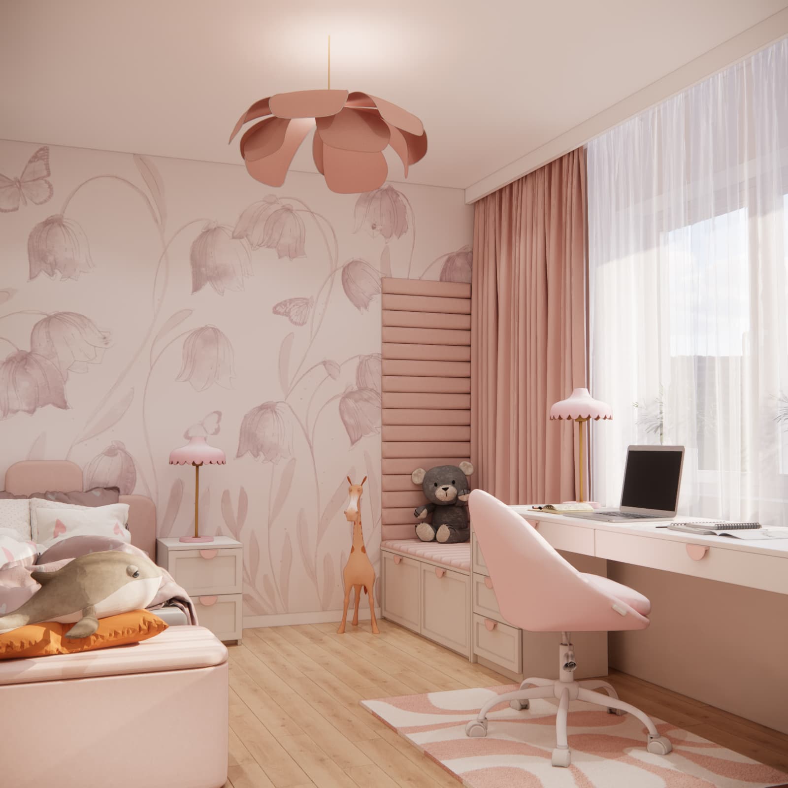 Martyna’s bedroom with floral wallpaper, a pink bed and a desk beneath the window